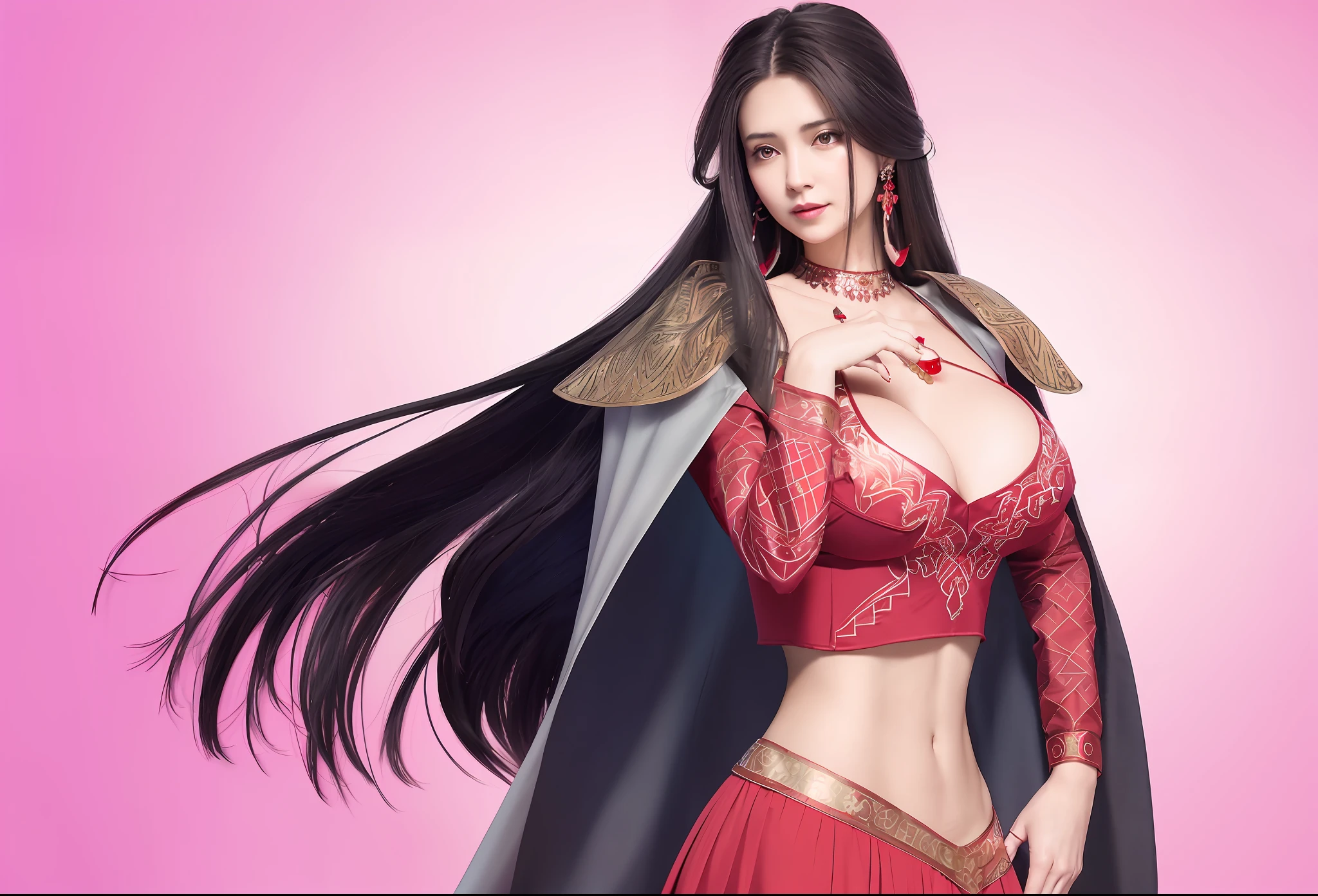 A woman wearing a red dark V top, long skirt, long hair, delicate face, earrings, cape, oversized tits, big breasts, clothes with patterns, perfect figure, raised with one hand