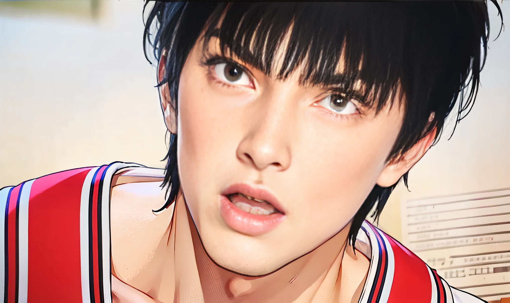 A man with black hair, a slightly open mouth, a man in a jersey, a masterpiece, celluloid style, his expression is shocked, and his appearance is very manly