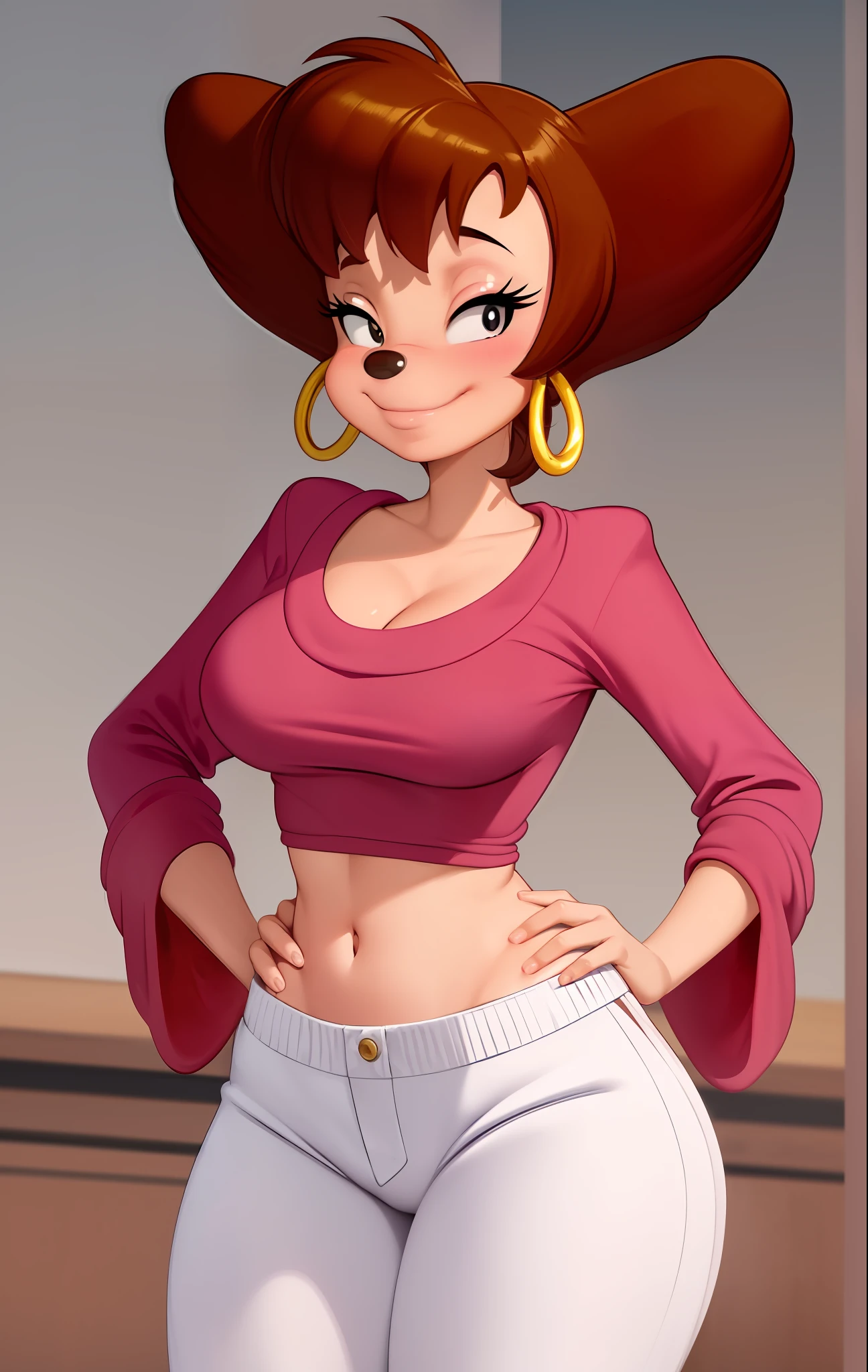 masterpiece, best quality, one girl, solo, detailed face, looking at the viewer, black eyes, gold hoop earrings, 4 fingers, seductive smile, detailed skin texture, (blush: 0.5), (goosebumps: 0.5), subsurface scattering, detailed skin texture, (blush: 0.2), (goosebumps: 0.3), sexy expression, portrait, pink crop shirt, breast teasing, high resolution, detailed kitchen background, white denim shorts, detailed tummy, eyelashes, black nose, sfw, squad of fools, disney, character, anthro, detailed fingers, blush, standing, flirty pose, kiss, right hand covering chest, left hand behind head