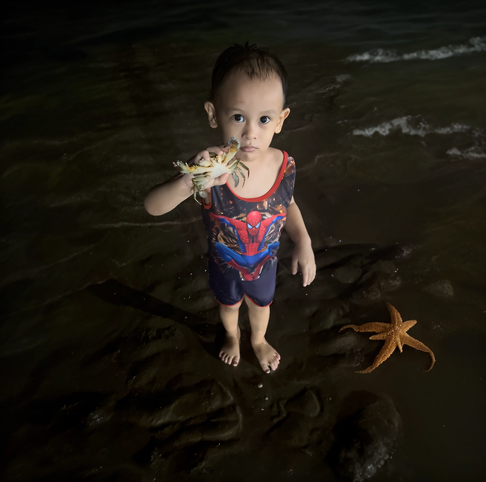 there is a young boy standing in the water, crab monster, with big starfish, huge crab, cute boy, playing at the beach, little kid, low iso, photo taken at night, in the beach, at the beach, mid shot portrait, giant crab, on the sand, ready to eat, taken with the best dlsr camera, with claws