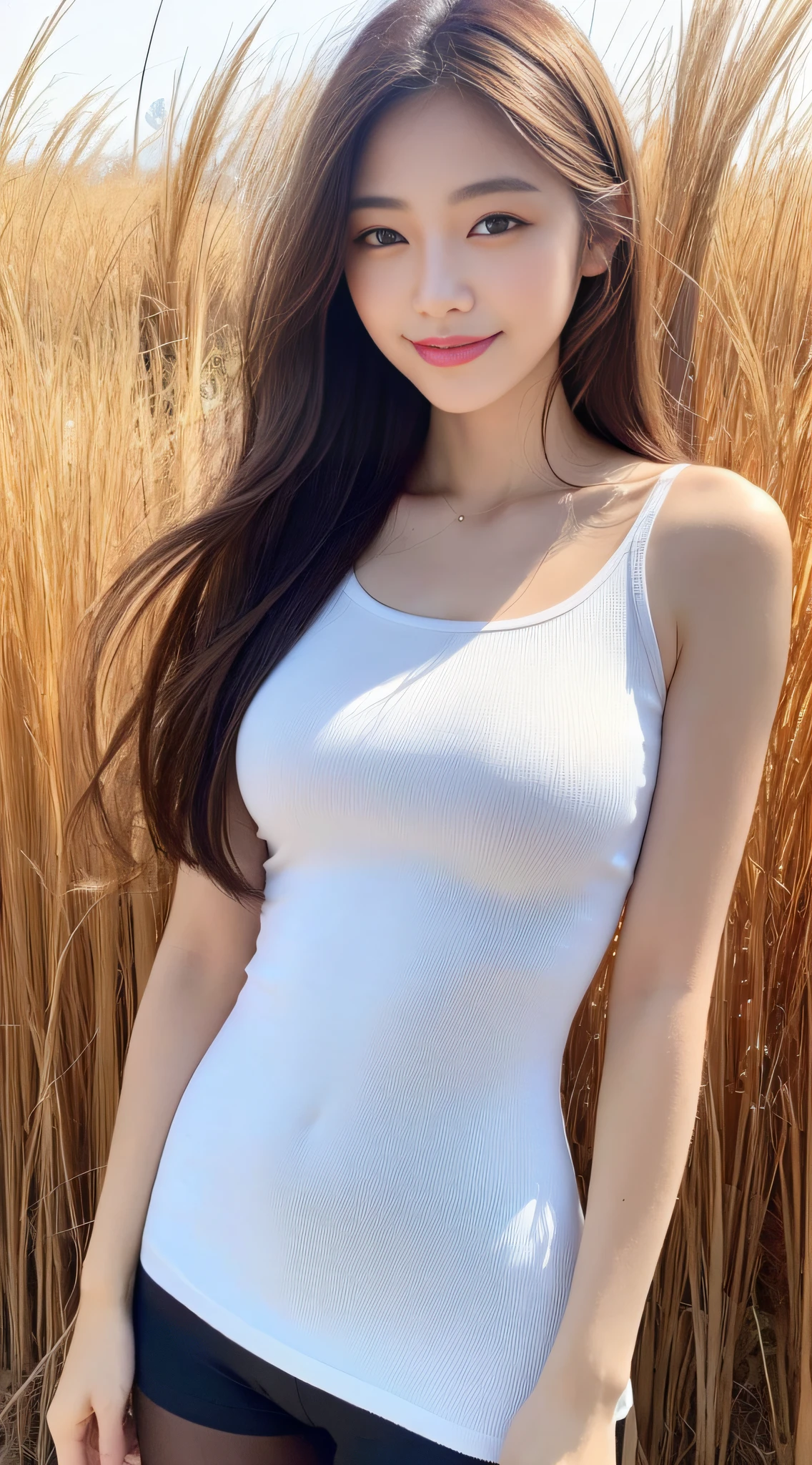 ((Excellent, 8K, Masterpiece: 1.3)), Full body, Long legs, Focal length: 1.2, Perfect Body Beauty: 1.4, Slim Abs: 1.1, ((Dark brown layered hair, Big breasts: 1.2) ), (White skinny T-shirt, pantyhose, standing: 1.2), (in a golden rice field), highly detailed face and skin texture, smile, delicate eyes, double eyelids