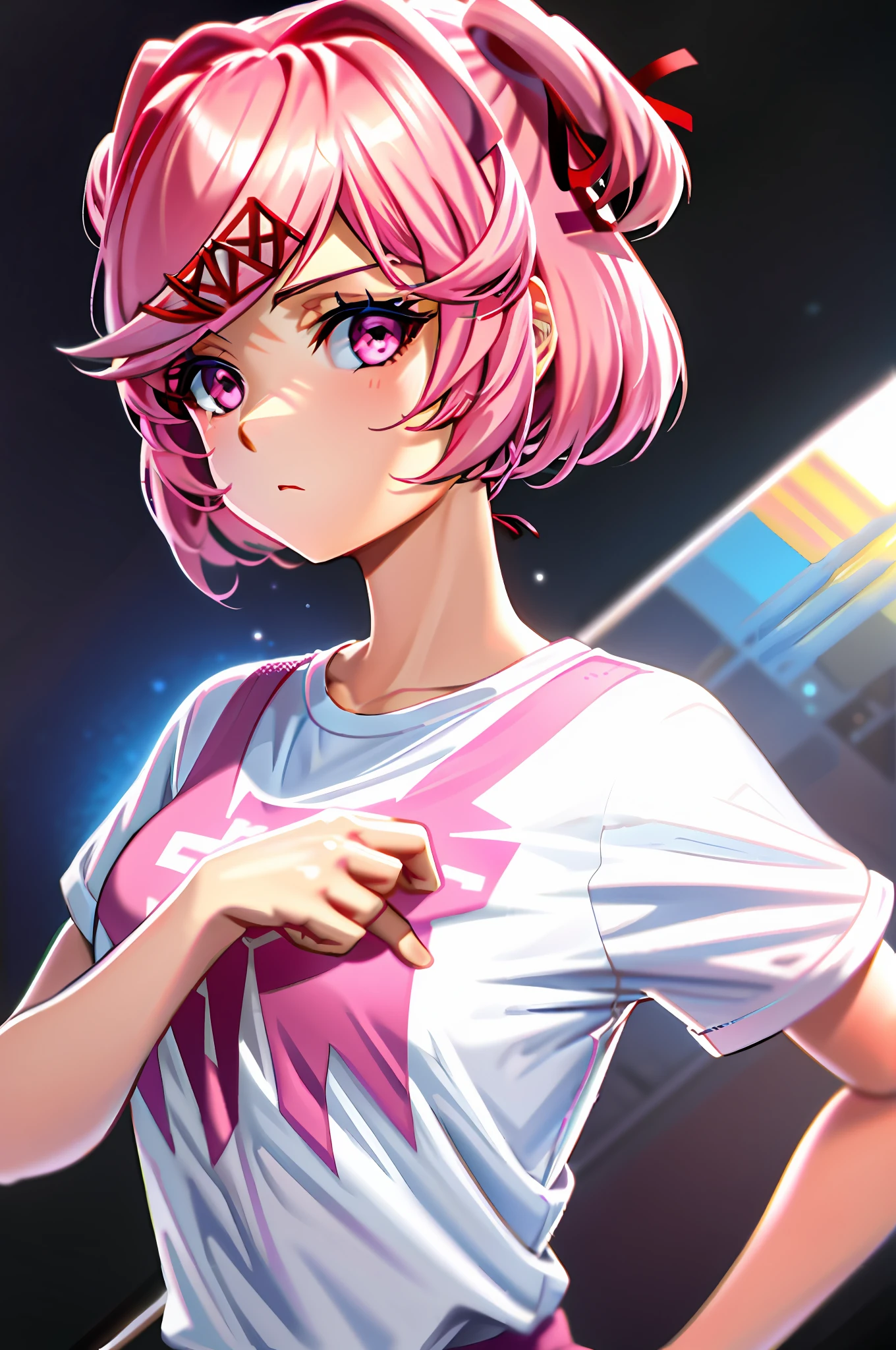 masterpiece, best quality, 1 girl, Natsuki, pink eyes, pink hair, two sides up, hair ornament, hair ribbon, white tshirt, facing the viewer, upper body