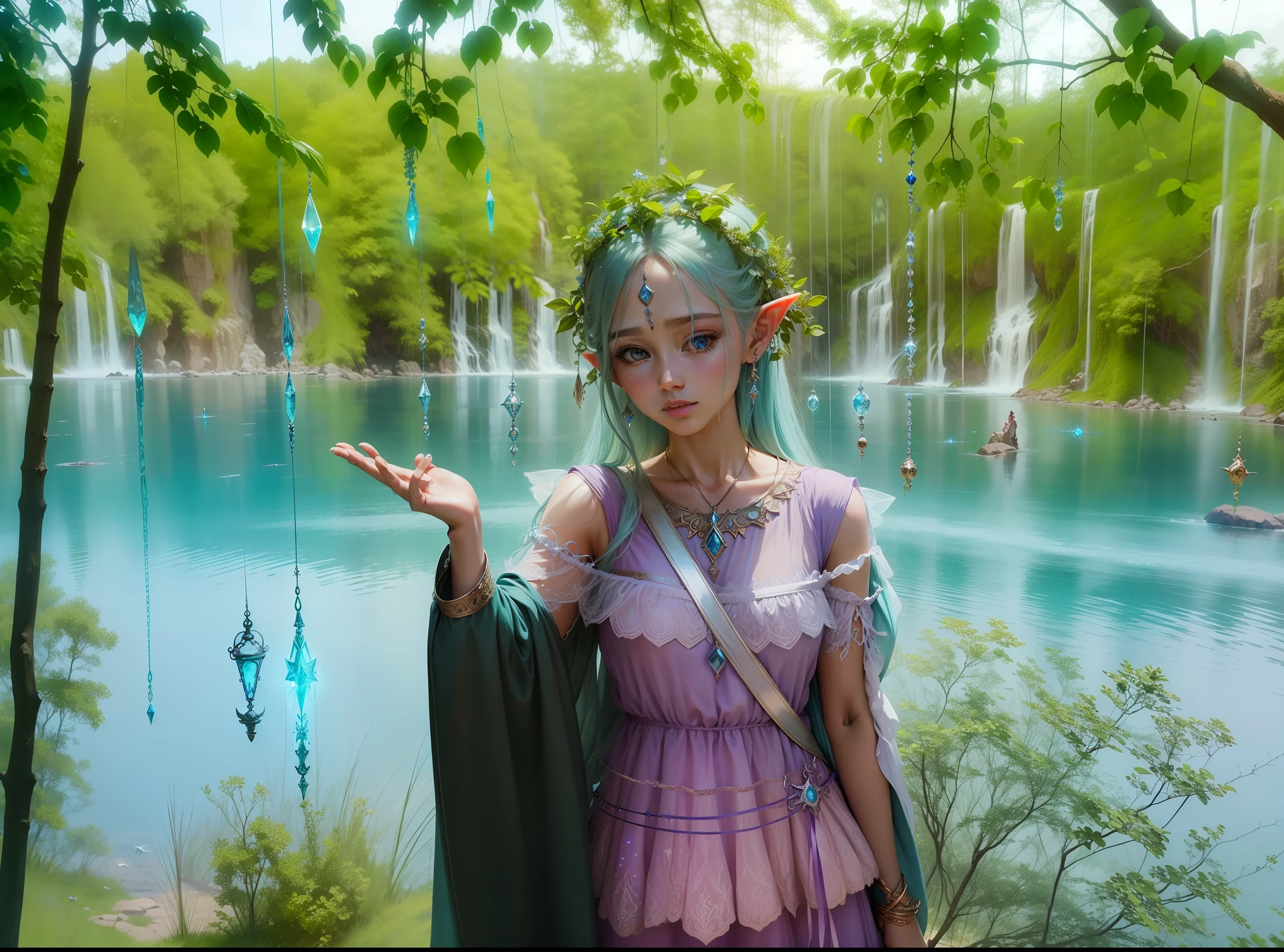 Angels, elves, fairy spirits, blue water, secret realms, stars, goddesses' clothes, magic arrays on hands, blingbling clothes, clear faces, dreams, straight facial features --auto --s2