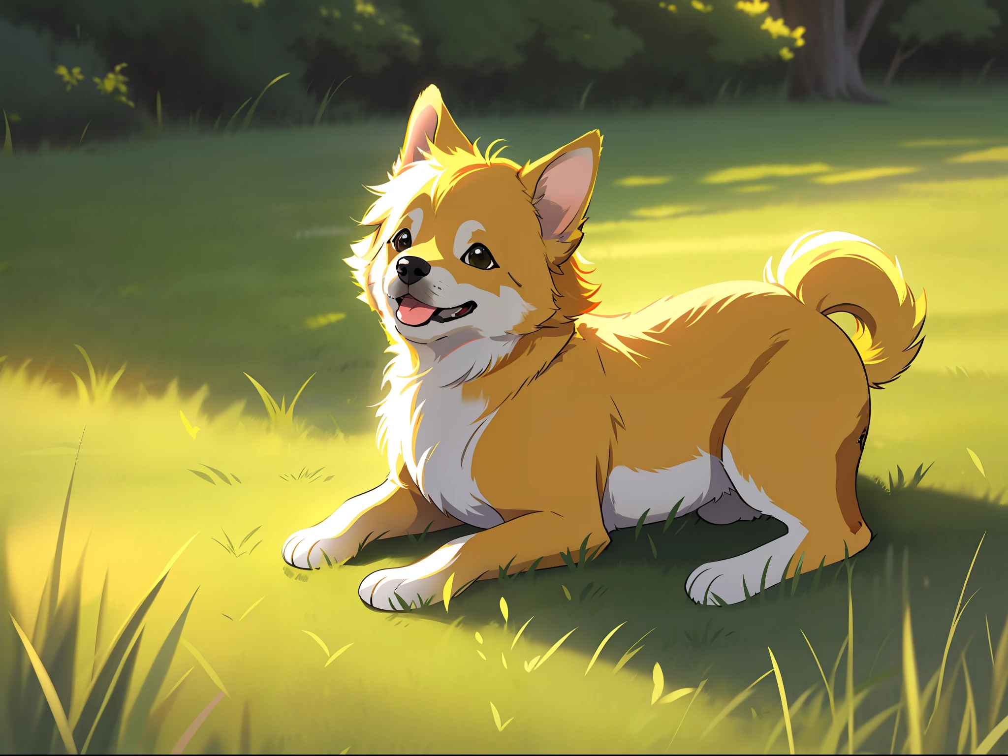 Masterpiece, exquisite, 8k resolution, ultra-detailed, sunny, solo, a young dog, , cute, cute, yellow hair, grass, happy