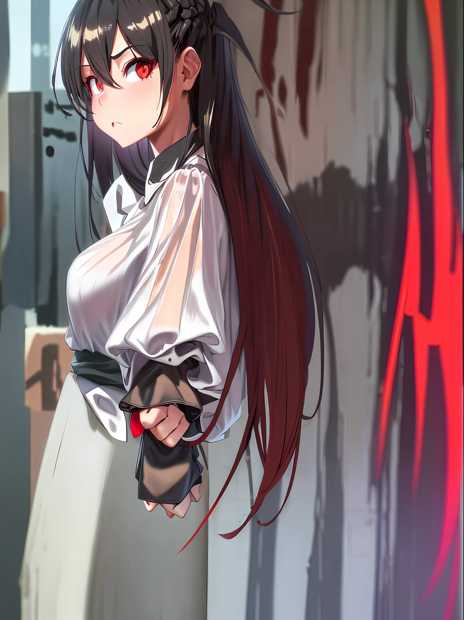 best quality, fine detail, chromatic aberration, 1girl, long hair, black hair, messy hair, red highlight, hair in one eye, red eyes, sharp eyes, (sheer contour:1.2), see-through, oversized white shirt, denim photo, wind lift, (oversized shirt:1.2), bare shoulders, against a wall, brick wall, graffiti, dim lighting