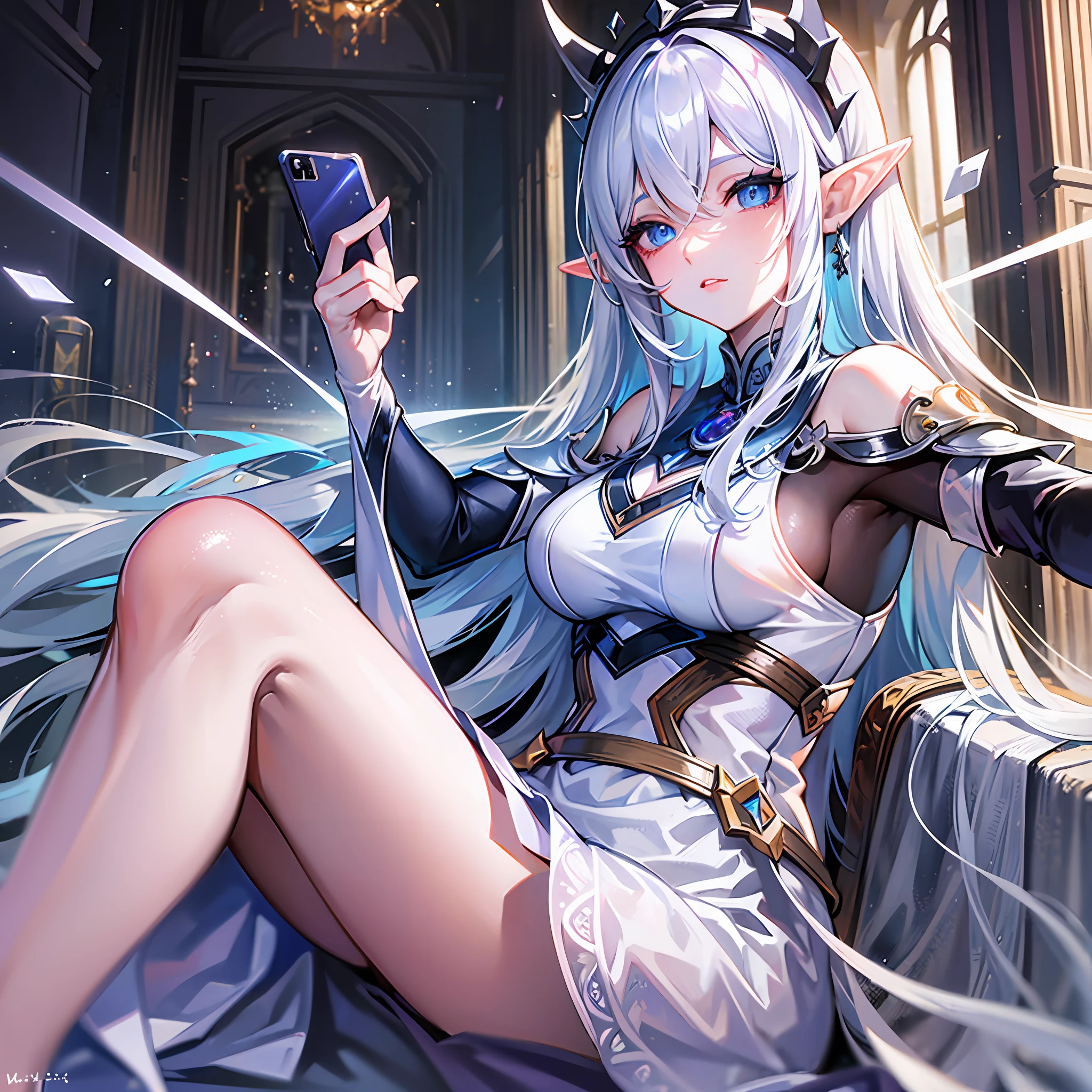 (Masterpiece, best quality:1.2),elf,female,anime girl,blue eyes,white long hair,close up shot,white eyelashes, selfie pose, selfie,elf ears,2 bangs,ice powers,wearing a white modern dress,cold, ignoring facial expression,falling Snowflake's,pale skin,slim,frost queen,young,highest quality digital art, Stunning art, wallpaper 4k,8k,64k, HD, unparalleled masterpiece, dynamic lighting, cinematic, epic