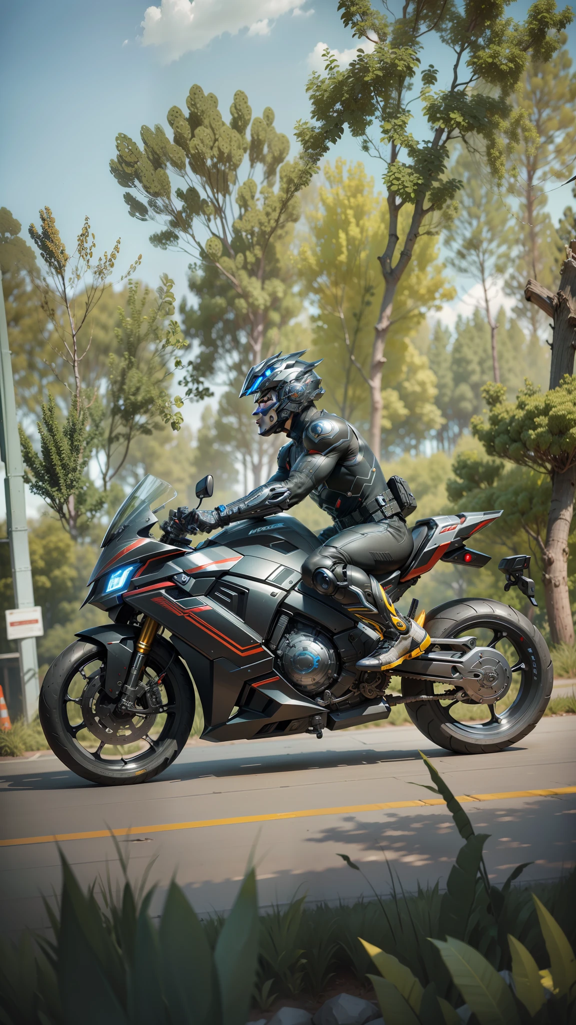 Cyber Male Warrior and Cyber Tech Mechanical Motorcycle, Mighty Male Warrior, Fine Face, Nousr, Biomechanics, MSHN Robot Man, Cyber Tech Full Surround Helmet, Surreal, Steel, Intricate Design, Crazy Detail, Fine Detail, Extremely Clear Lines, Cinematic Lighting, Photo Realistic, Detailed Masterpiece