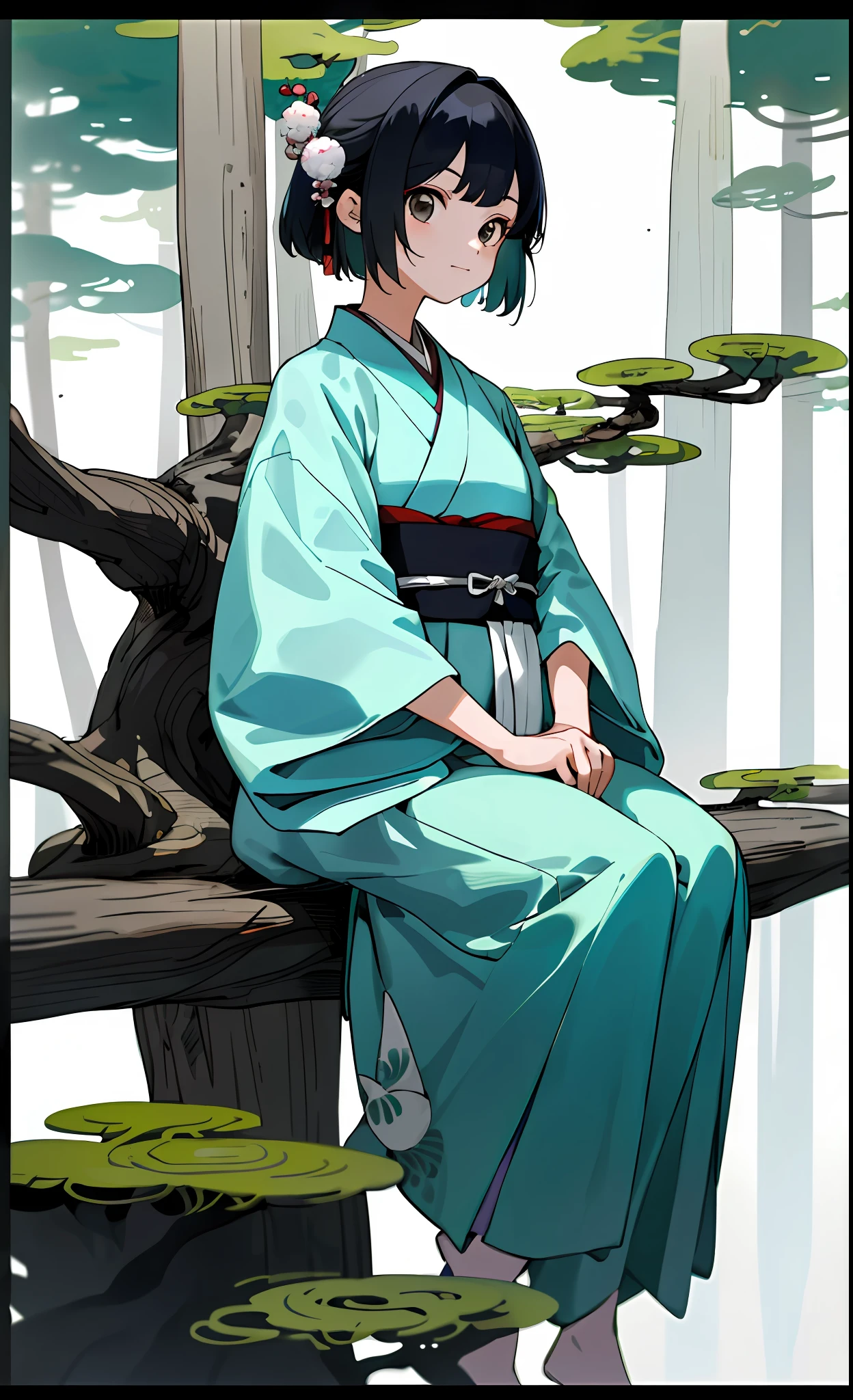 (Half), (Female Character Design), (Hanfu + Baby Girl), (90% Transparency), (1.1 times Importance), Leisurely Seated, Fresh Japanese Style, Simple Layout, Forest.