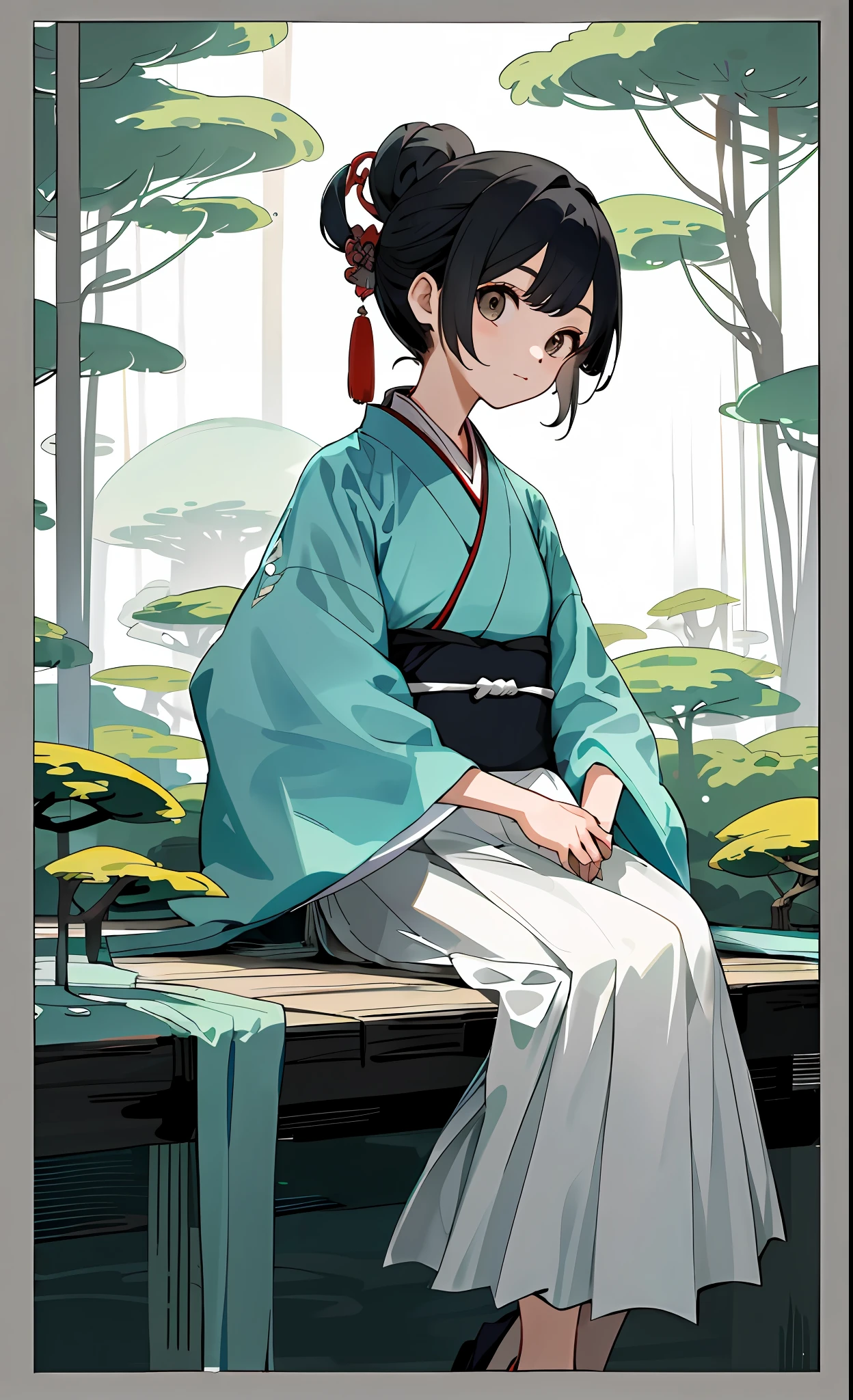 (Half), (Female Character Design), (Hanfu + Baby Girl), (90% Transparency), (1.1 times Importance), Leisurely Seated, Fresh Japanese Style, Simple Layout, Forest.