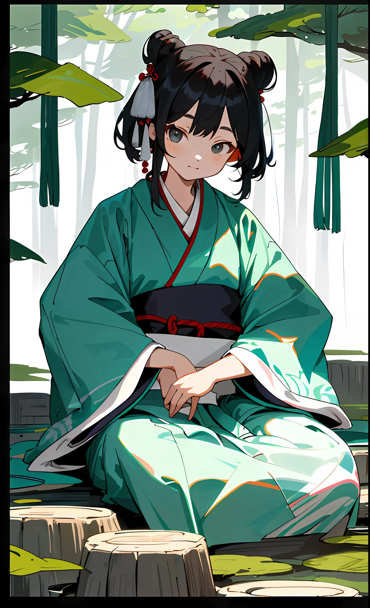 (Half), (Female Character Design), (Hanfu + Baby Girl), (90% Transparency), (1.1 times Importance), Leisurely Seated, Fresh Japanese Style, Simple Layout, Forest.
