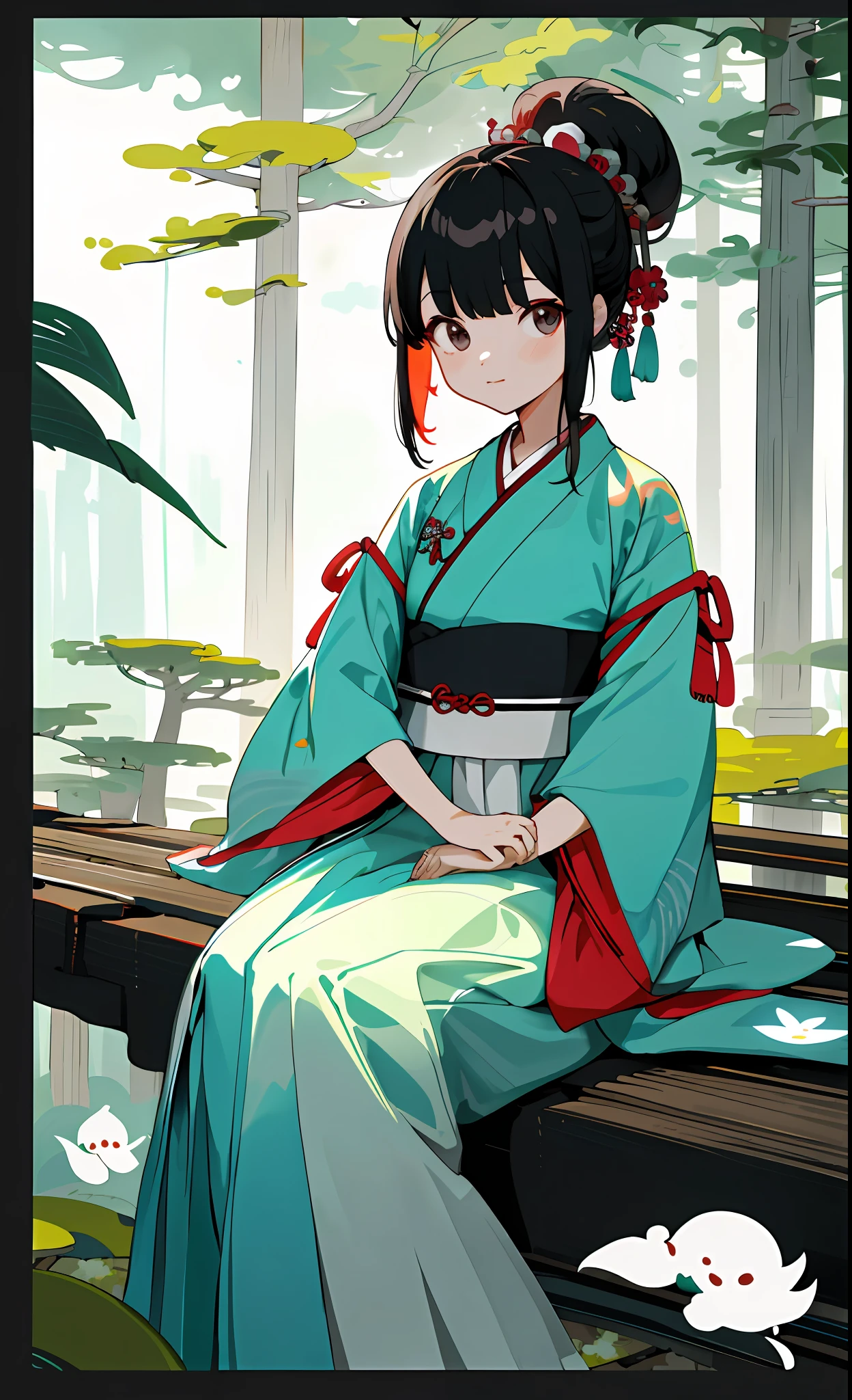 (Half), (Female Character Design), (Hanfu + Baby Girl), (90% Transparency), (1.1 times Importance), Leisurely Seated, Fresh Japanese Style, Simple Layout, Forest.
