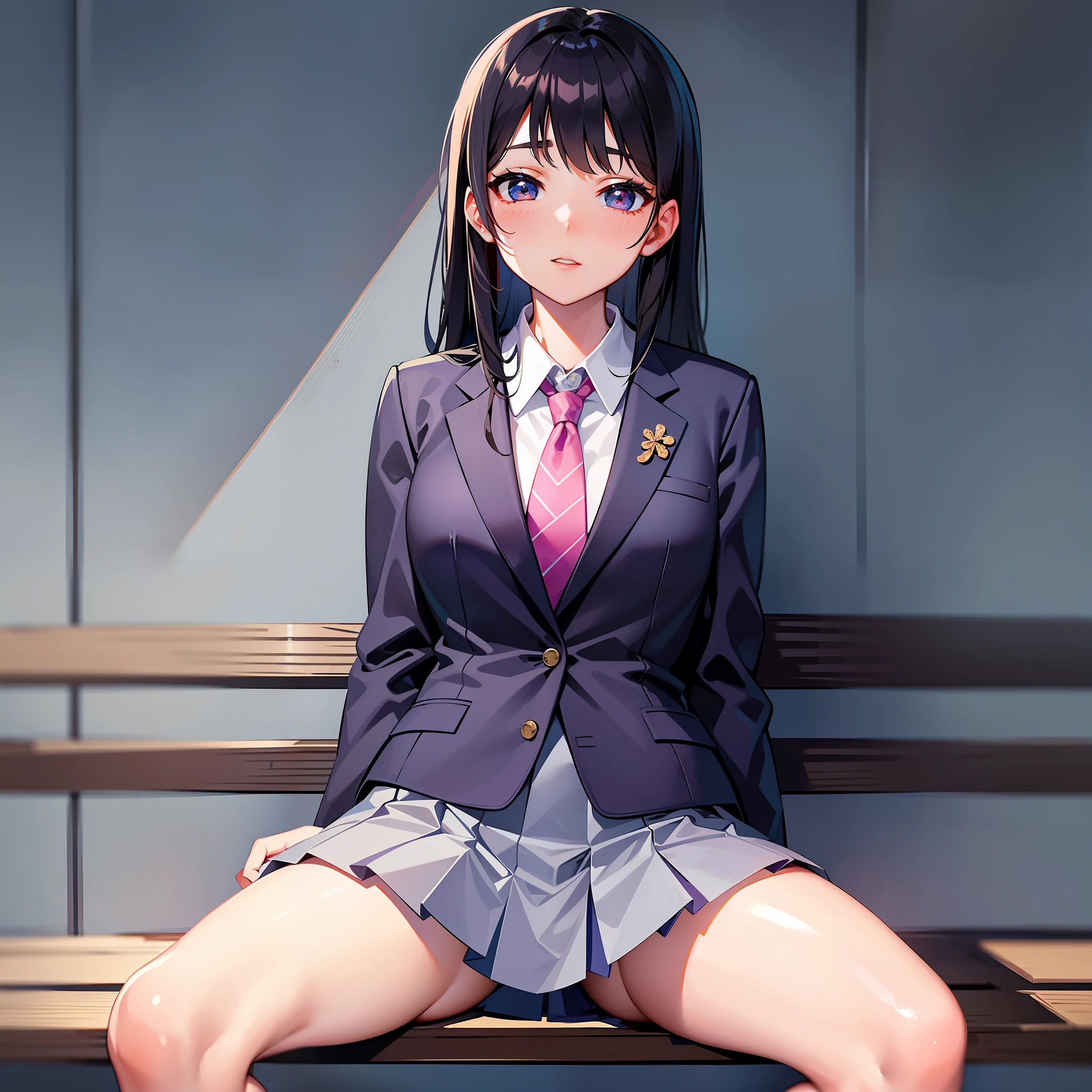arafed asian woman in a suit and tie sitting on a bench, japanese girl school uniform, japanese school uniform, girl wearing uniform, wearing japanese school uniform, girl in suit, cute schoolgirl, wearing school uniform, girl in a suit, seifuku, wearing a school uniform, dressed as schoolgirl, age female schoolgirl, beautiful anime high school girl, full body, nice thighs, nice legs, open legs, open crotch, glowing thighs, glowing legs, sexy pose