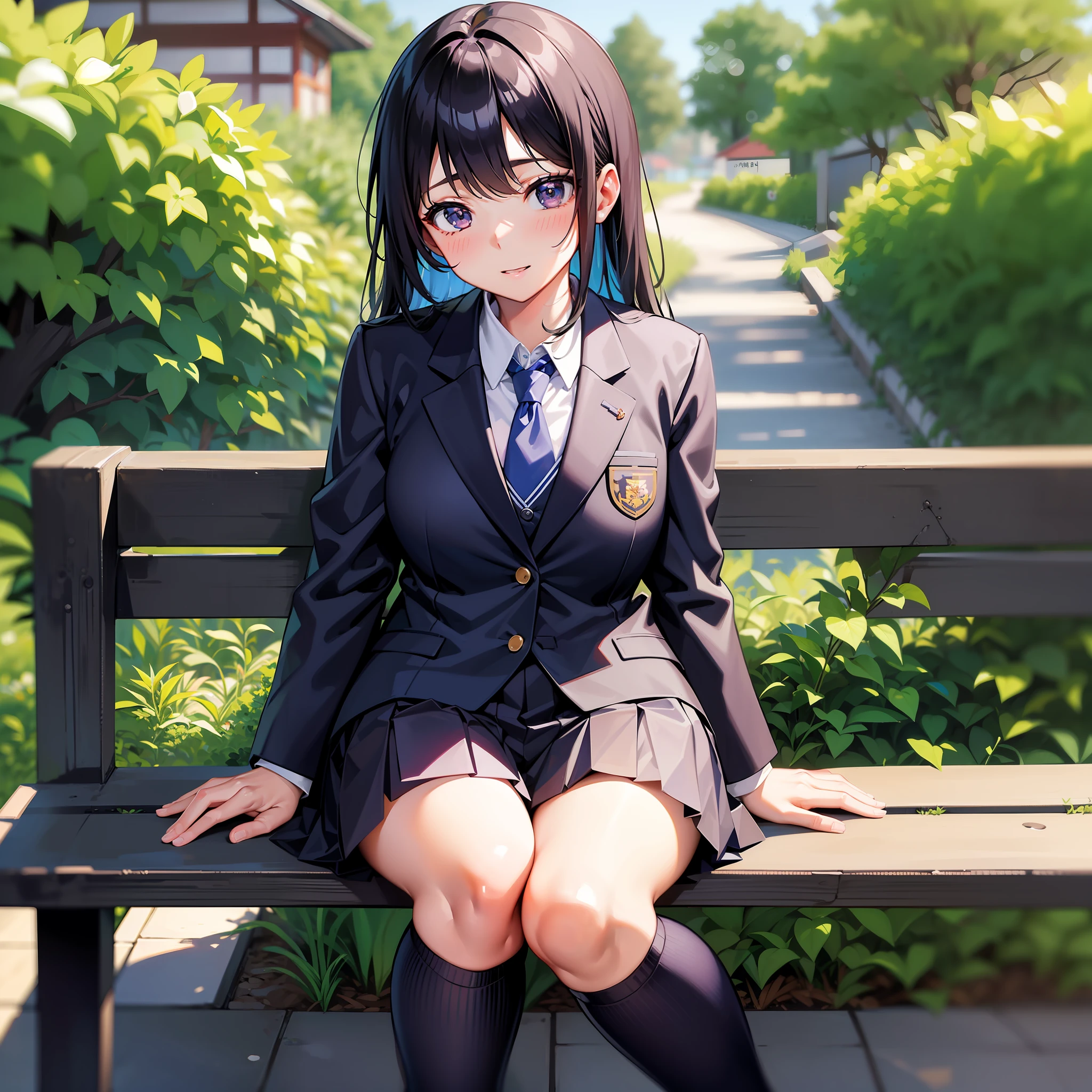 arafed asian woman in a suit and tie sitting on a bench, japanese girl school uniform, japanese school uniform, girl wearing uniform, wearing japanese school uniform, girl in suit, cute schoolgirl, wearing school uniform, girl in a suit, seifuku, wearing a school uniform, dressed as schoolgirl, teenage female schoolgirl, beautiful anime high school girl, full body, nice thighs, nice legs, open legs, open crotch, glowing thighs, glowing legs, sexy pose
