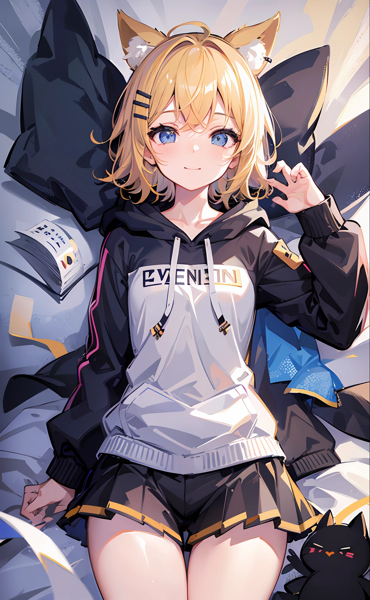 (Masterpiece), (Best Quality), (Illustration), (Ultra Detailed), (High Resolution), Perfect Anatomy, Absurdity, One Girl, (Kagamine_Rin), (Vocaloid), Short Hair, Hair Clips, Big Smile, (Blonde), Very Cute Girl, Small, Young, Delicate, Attention to Girl, Bedroom, Cute, She, Smile, Best Moment, Middle School, Blue Eyes, Bright Eyes, lively eyes, cute, standing, thighs, spoiled, innocent, love love, love viewer, clean skin, beautiful body, cute face, delicate arms, boyfriend gaze, lively eyes, neat, bare legs, dabo dabo hoodie, perfect hood, white hoodie, black shorts, beautiful girl, blue sky, sunlight, unguarded, street, energetic, best girlfriend, happy, cat ears, lying on the bed