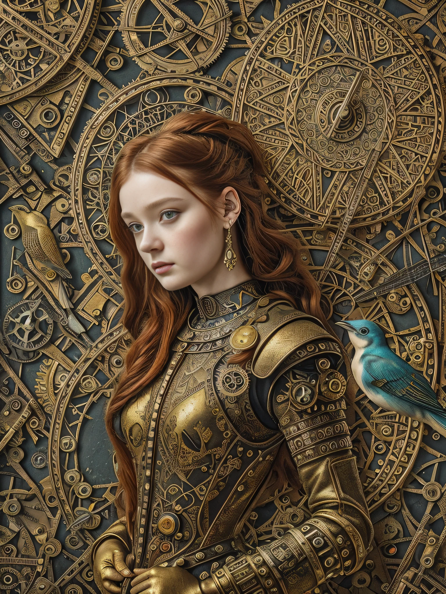 Sadie Sink, a beautiful mix of punk robot woman in Byzantine and Middle Ages Era, created by Hieronymus Bosch. Gold and silver matte background, angelic beautiful face, beautiful clevage, little birds around, tattoo, red old dresses, patterns, dried flowers, many gears, clocks, and mechanical parts, tattoos, patterns, dried flowers, composition. Steampunk. birds surreal, Max Ernst. --auto --s2