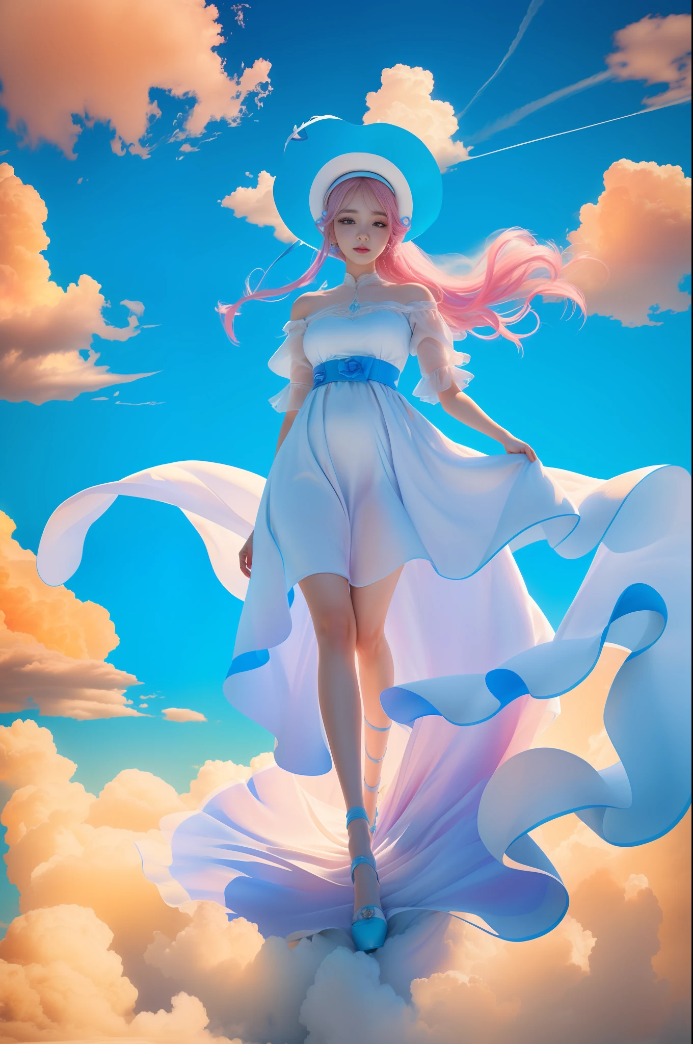 (8k, RAW photo, photorealistic:1.25) ,( lip gloss, eyelashes, glossy side, shiny skin, best quality, ultra high resolution, depth of field, chromatic aberration, caustic, wide light, natural shadow, headwear, kpop idol) ,light pink and blue style, 1girl, (blue sky: 1.5), tall and thin beauty goddess, flowing dress, conservative girl, cloud goddess, flowing white fabric, wearing a flowing dress, realistic, (background with blue sky and white clouds: 1.4), (wind: 1.5), (full body: 1.5), add_detail,