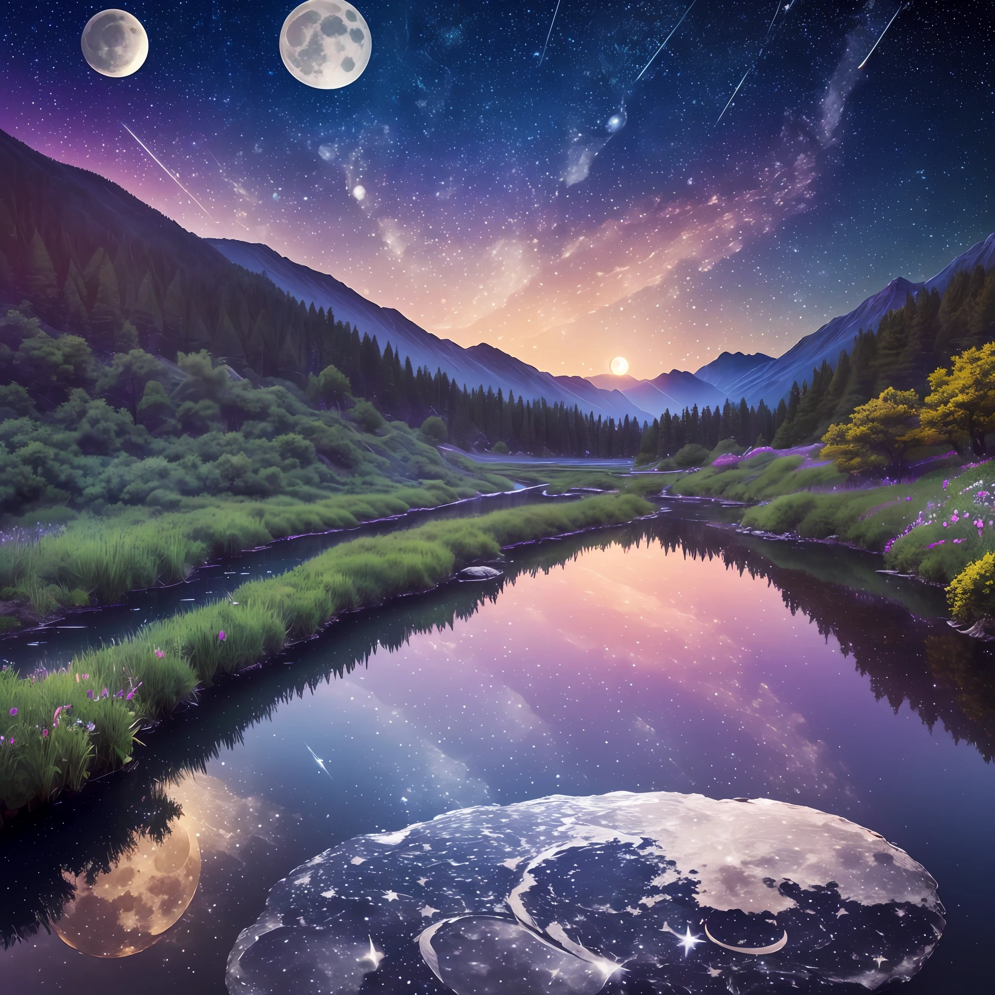 Masterpiece, 8k wallpapers, extremely detailed, best quality, high quality, landscapes. ((Colorful sky)), clouds, (((Full moon, nebula and background stars))), (high mountains), Panorama, , Detail enhancement, Detail enhancement, Flawless. Award-winning photography, Depth of field, HDR, Photorealism, Highly detailed, Intricate, High detail, Dramatic, ((color image)), ((single image)), night, realistic, ((vivid colors)), ((light rays, rays)), mini river, image reflecting in water, (a small hut), red --auto --s2