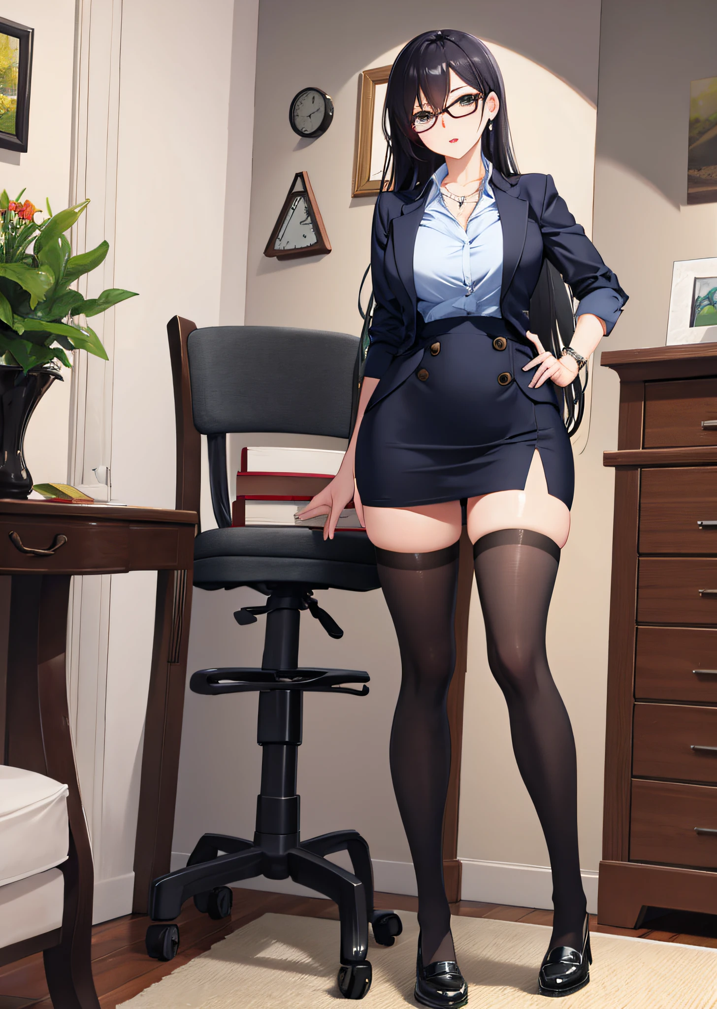 Beautiful sexy secretary full body photo in miniskirt and seam stockings, tall