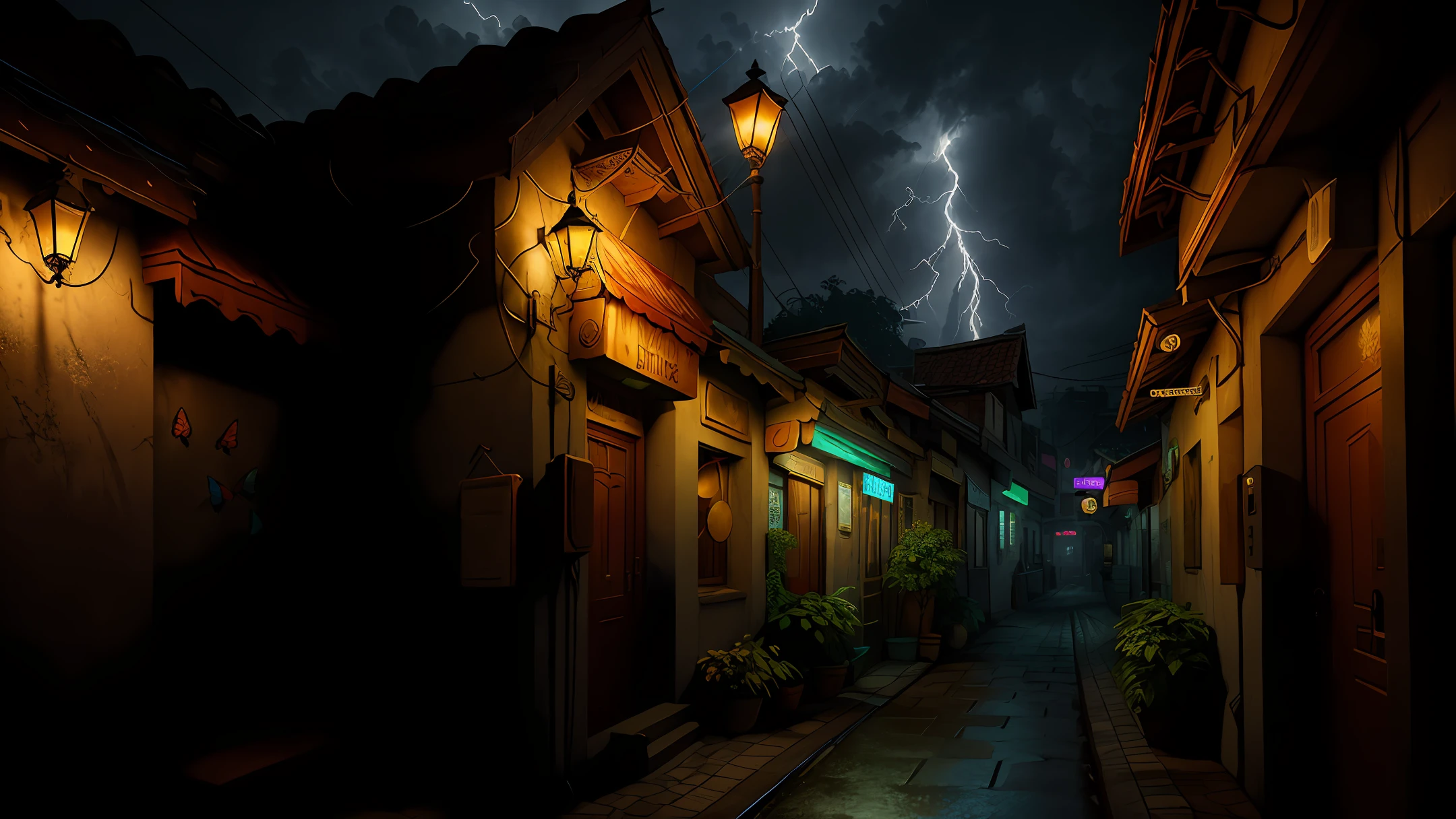 scenery, a highly detailed portrait of a corner, during a storm with lightning and an overcast sky, neon and cyberpunk background, a butterfly hovers near a street lamp, bright, backlight, masterpiece, best quality, intricate details, absurdities, chromatic aberration, depth of field, professional photography, soft lighting, mapped tone, highly detailed, sharp focus, dramatic lighting,  intricate detail, cinematic, 8K, amazing shadows, realistic, (highly detailed background: 1.0) result 2.560 x 1.44
