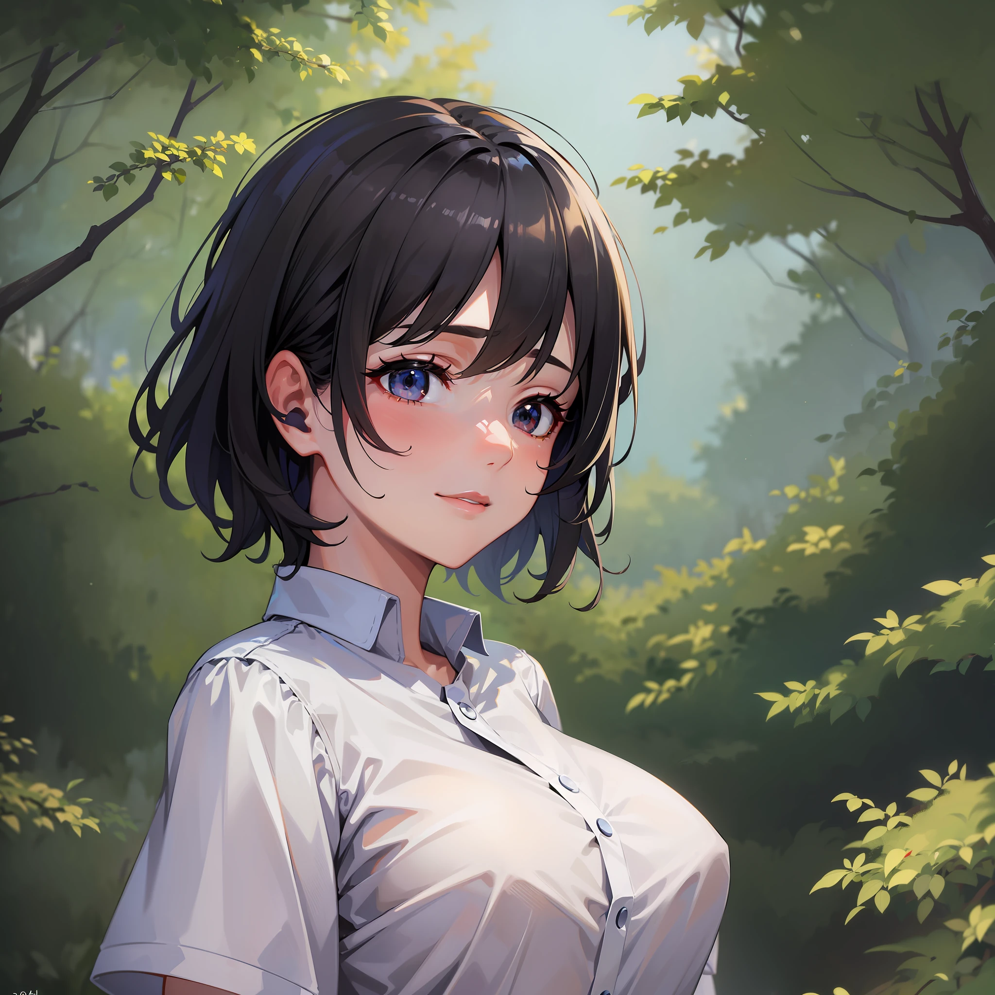 (Masterpiece:1.3), (8K, Photorealistic, RAW Photo, Best Quality: 1.4), Japan Person, (1 Girl), Beautiful Face, (Realistic Face), (Black Hair, Short Hair:1.3), Beautiful Hairstyle, Realistic Eyes, Beautiful Detail Eyes, (Realistic Skin), Beautiful Skin, Attractive, Ultra High Definition, Ultra Realistic, High Detail, Golden Ratio, (Detal Face:1.2),View Viewer,Smile, open white shirt,medium chest,standing,hands on hips