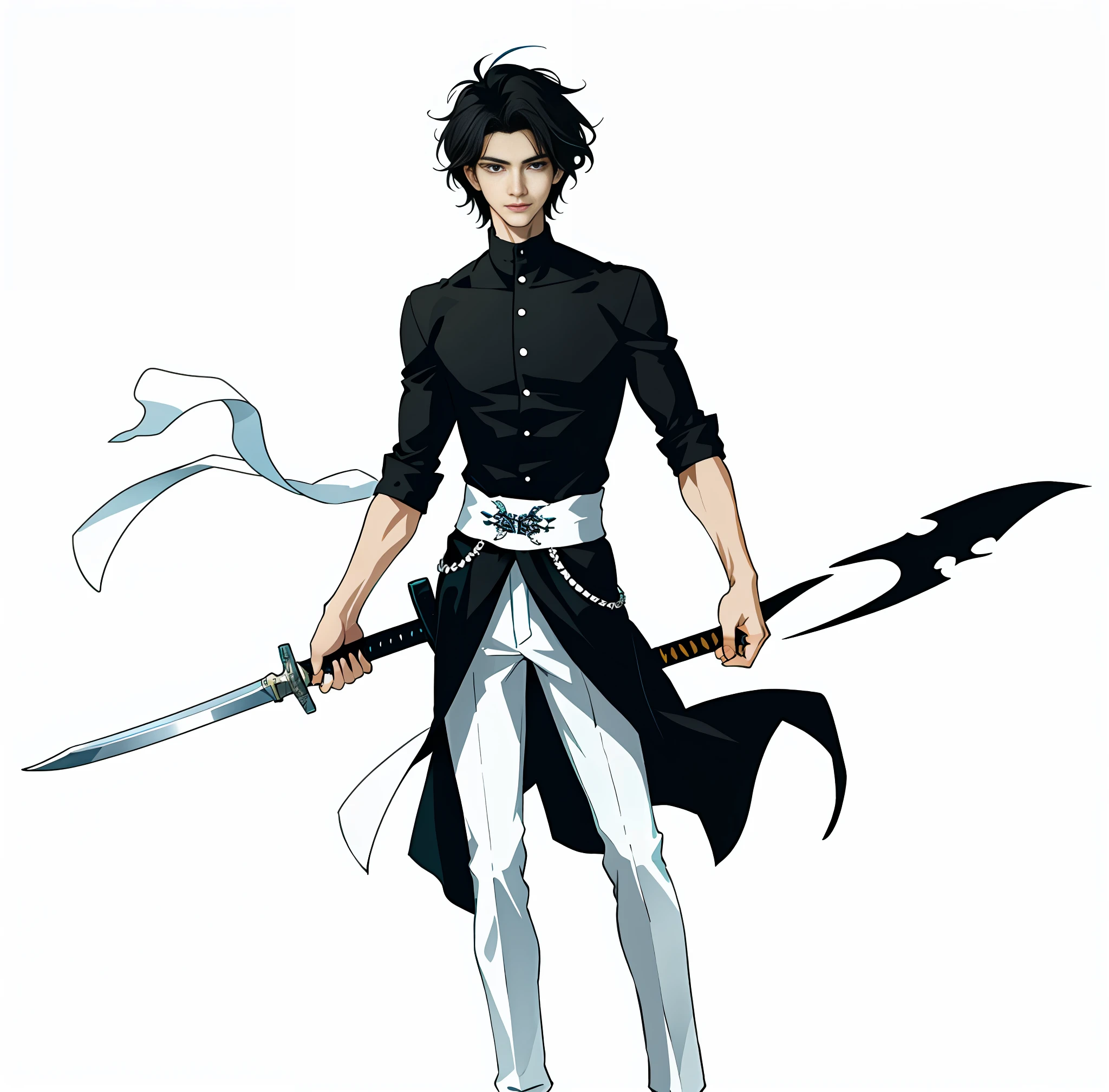Holding a long knife, sword, illustration, (ink original art: 1.4), (line art: 1.7), (best quality, masterpiece), 1boy, aspect, teenage male, boy, boy, short hair, white skin, white shirt, trousers, muscle, petite, bright, clouds, wind, city, colorful, outdoor, full body, simple background, black hair (beautiful detailed face, beautiful detailed eyes), hands relaxed, head slightly raised, hairstyle fax, unified, (simple background, White background: 1.3), standing, facing, full length, in front,