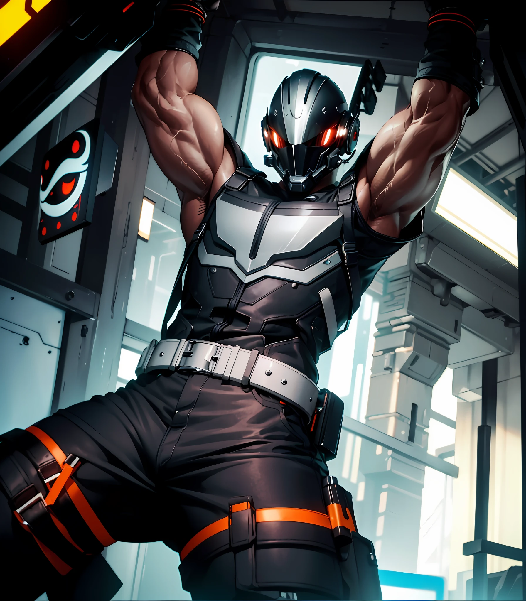 (masterpiece, high quality, 8K, full body) male, muscular male, muscle detail, faceless, faceless male, masked, helmet, cyberpunk mask, cyberpunk helmet, helmet covering all of face, googly eyes on helmet, engineer outfit, safety jacket, longpants, gloves, boots, dynamic pose, machine background