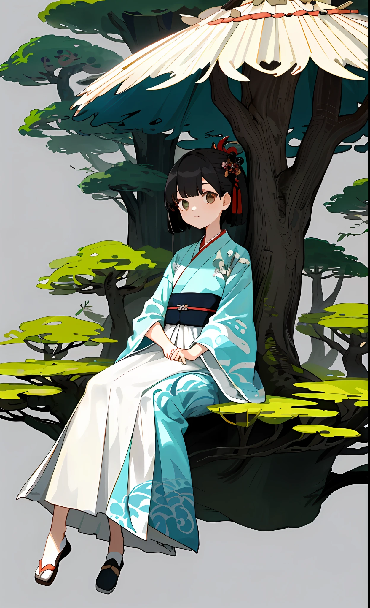 (Half), (Female Character Design), (Hanfu + Girl), (90% Transparency), (1.1 times Importance), Leisurely Seated, Small Fresh Style, Simple Layout, Forest.