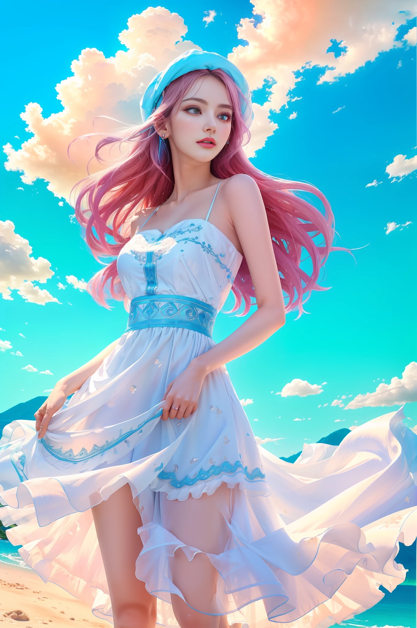 (8k, RAW photo, photorealistic:1.25, Masterpiece) ,( lip gloss, eyelashes, glossy side, shiny skin, best quality, ultra-high resolution, depth of field, chromatic aberration, caustic, wide light, natural shadow, headwear, Kpop idol) ,light pink and blue style, 1girl, (blue sky: 1.5), tall and thin beauty goddess, flowing dress, conservative girl, cloud goddess, flowing white fabric, Wearing a flowing dress, realistic, (background with blue sky and white clouds: 1.4), (wind: 1.5), (full body: 1.5), add_detail,