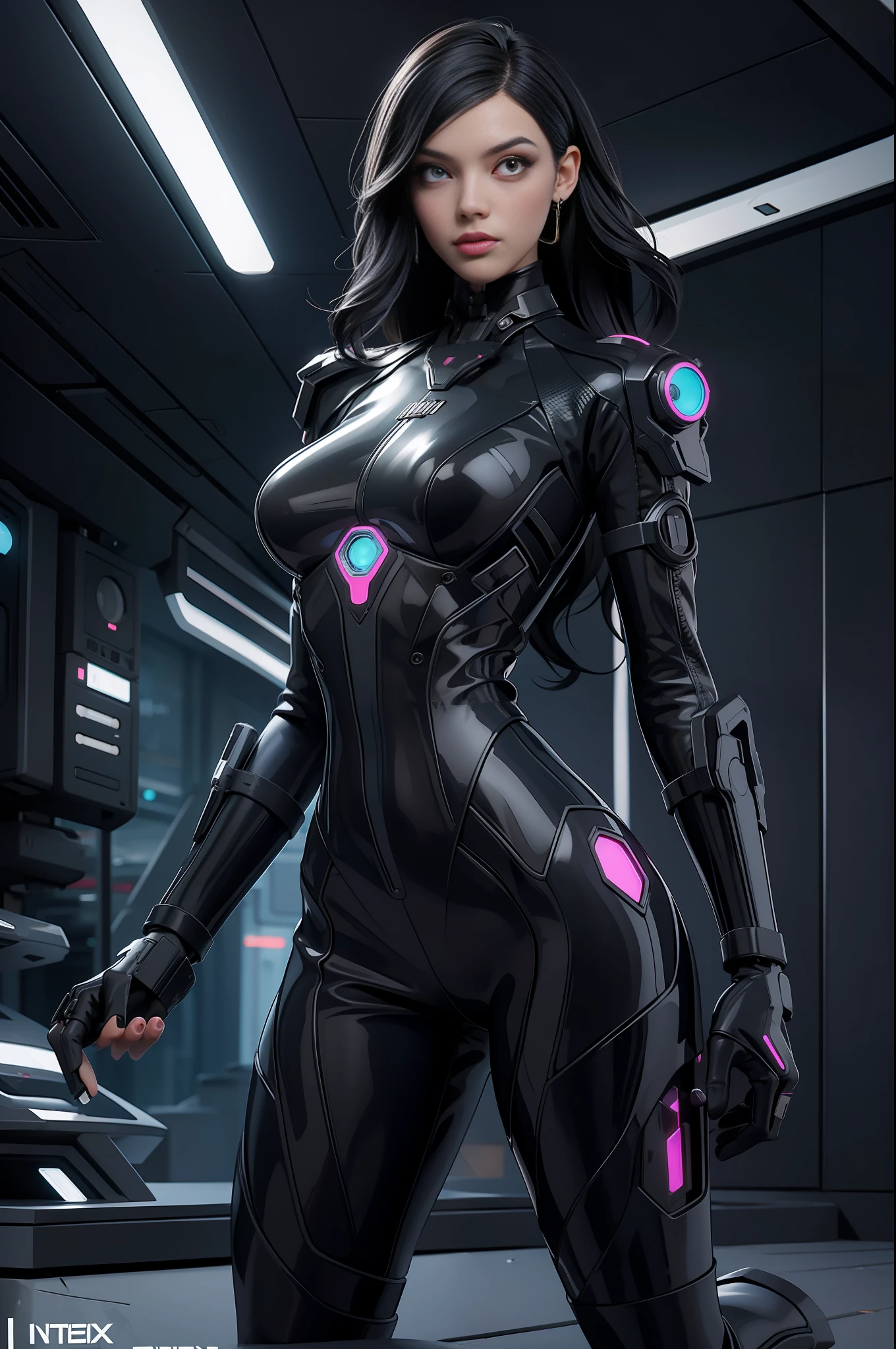 full body picture Unreal Engine 5 8K UHD of beautiful female, black short wavy hair, black and white tight cybernetic latex catsuit, cyberpunk assassin, cybernetic half face mask, earrings, latex body straps, cybernetic long heel, cybernetic long glove, arm cuffs and leg cuffs, cyberpunk world, futuristic design, magenta neon lights details, beautiful make up, best quality, masterpiece