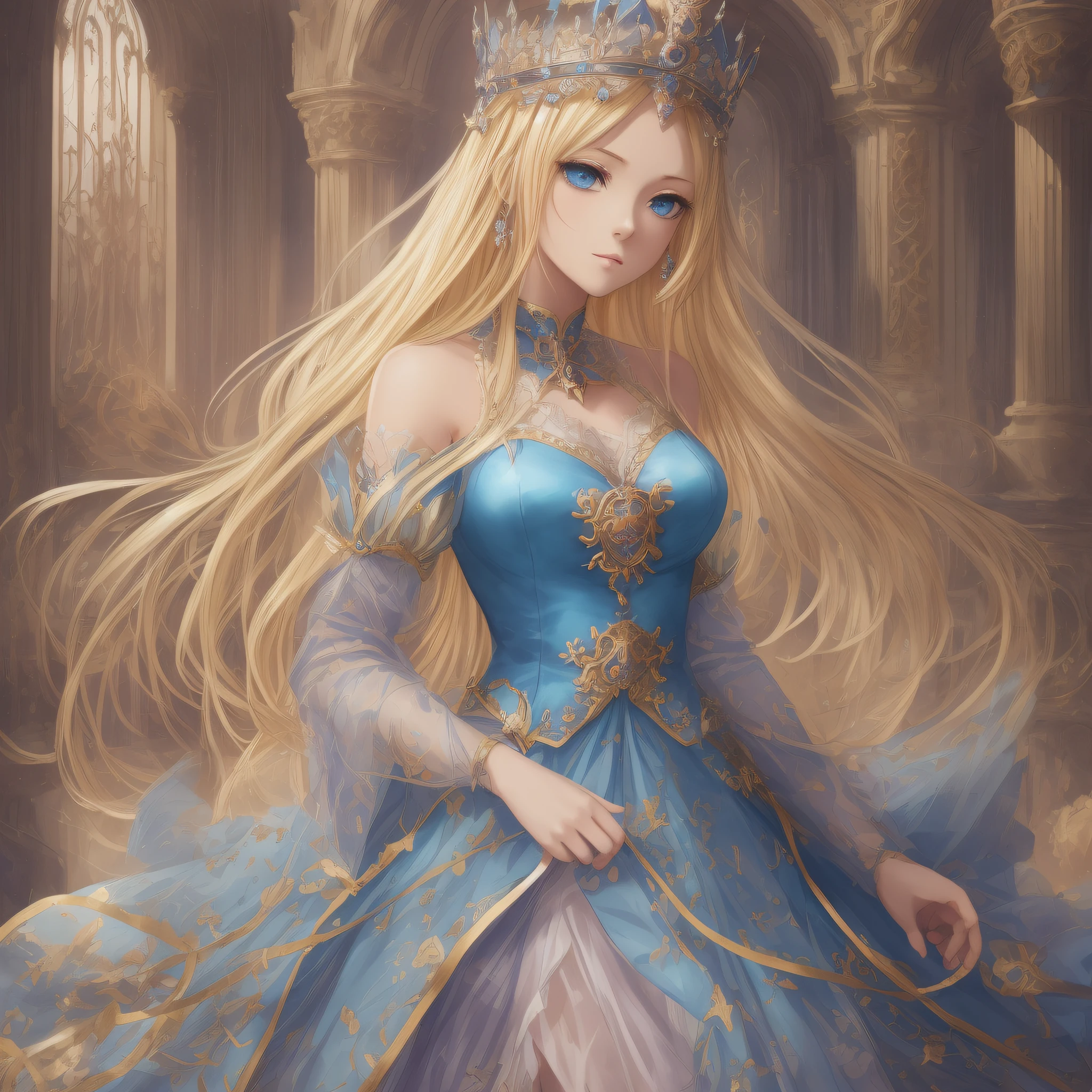 Anime girl with crown and blue eyes on her head, (((Beautiful Fantasy Princess)), detailed digital anime art, anime goddess, blonde princess, Kusart Krenz key art female, beautiful fantasy princess, detailed anime art, detailed anime character art, digital anime illustration, behind is a gorgeous palace --auto --s2