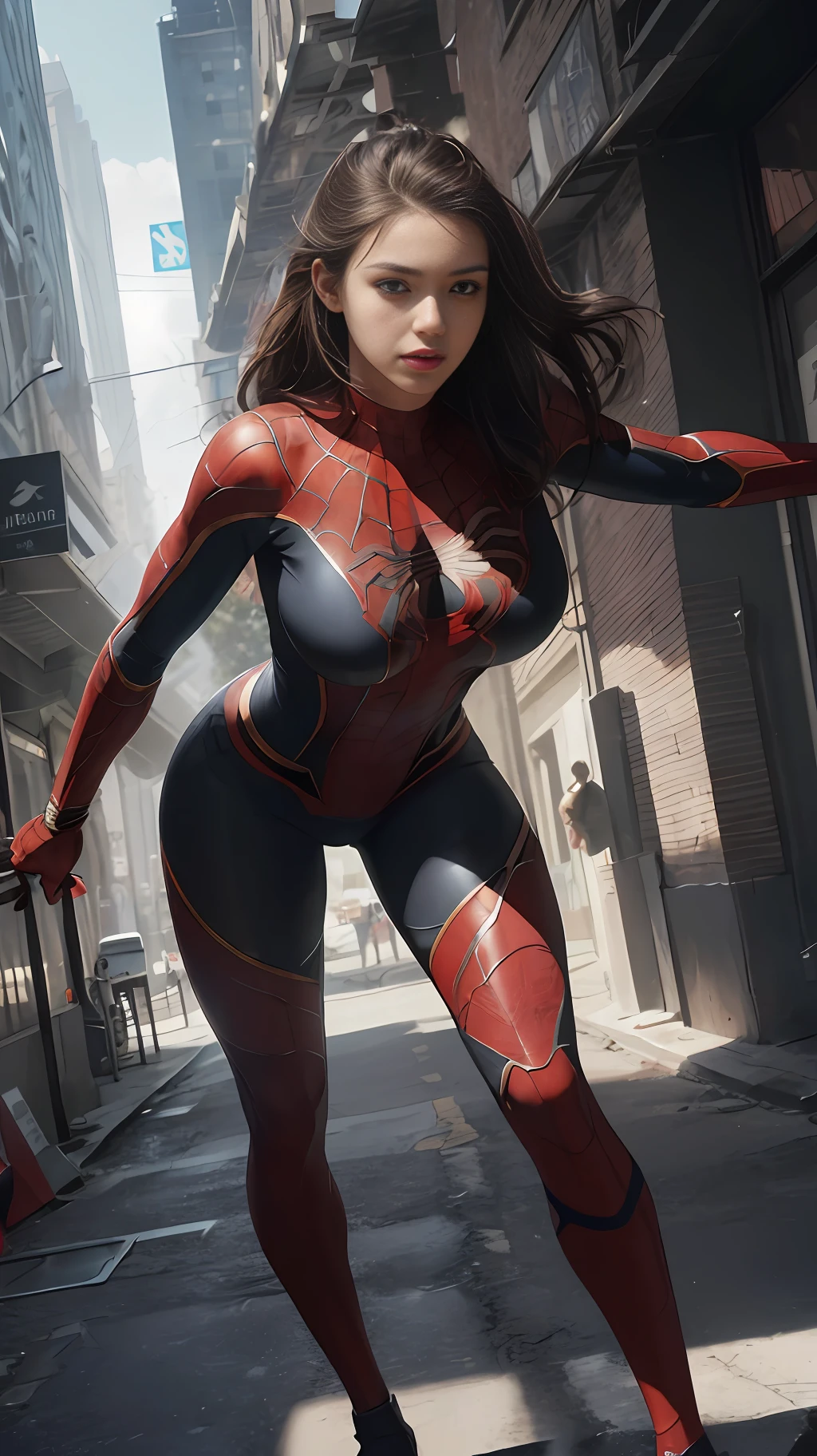 RAW, Masterpiece, Super Fine Photo, Best Quality, Ultra High Resolution, Photorealistic Photorealism, Sunlight, Full Body Portrait, Amazing Beauty, Dynamic Pose, Delicate Face, Vibrant Eyes, She Wearing Spider-Man Suit Fully Wrapped, Detailed Face, Gorgeous, Black, Highly Detailed Skin, Realistic Skin Detail, 8K, DSLR Camera, (Big Breasts)