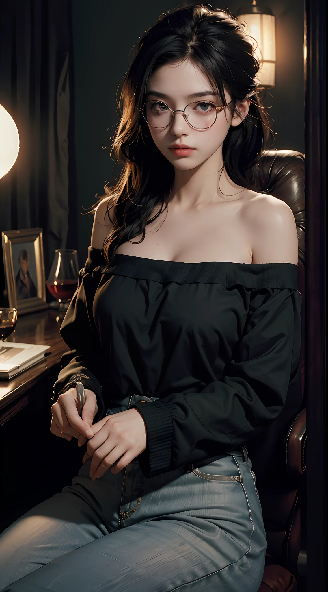 Best Quality, Masterpiece, Ultra High Resolution, (Realisticity: 1.4), Original Photo, 1girl, black Off-the-Shoulder, Cinematic Lighting, glasses
