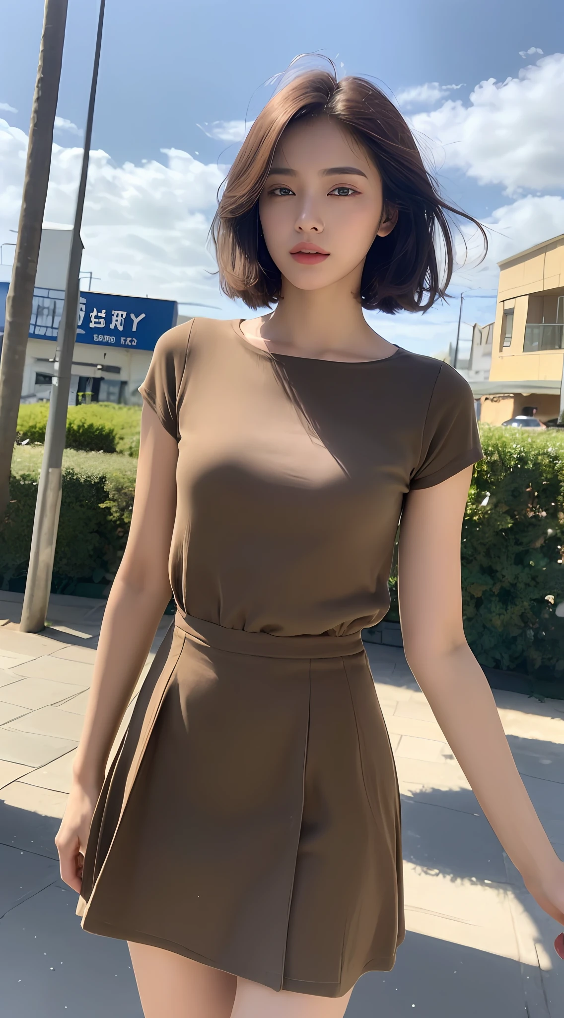 ((Realistic lighting, top quality, 8K, Masterpiece: 1.3)), Focus: 1.2, 1 girl, Small face, Short hair, Very Short, Perfect Figure: 1.4, Slim Abs: 1.1, (((Dark Brown Hair)), Viscous light-colored dress, Flowing skirt (Outdoor, Seaside: 1.1), City Street, Super Fine Face, Fine Eyes, Double Eyelids,