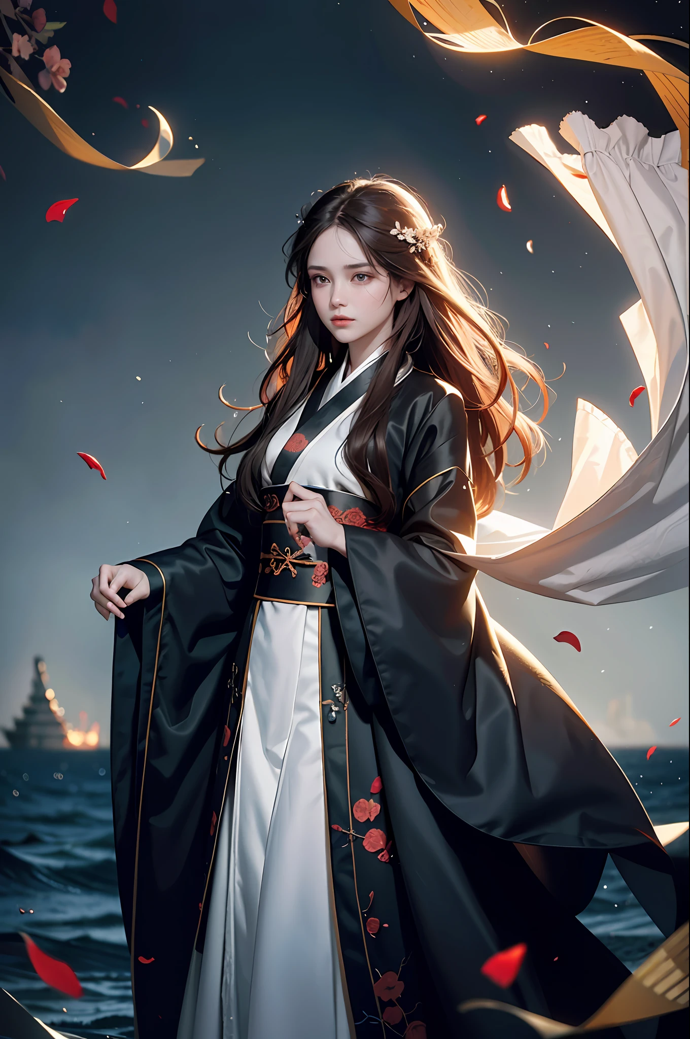 (A woman holds black box still looking at the fire: 2.0), long hair, veiled cloak, burning box, brown hair, shut up, tears, ornaments, long sleeves, raised hands, wide sleeves, big eyes, flowing hair, hanfu, hanfu, embroidery, long skirt, sea of fire, (watery eyes: 1.1), falling petals, fine details, high resolution, wallpaper, illustrations, 16K, HDR, high resolution, depth of field, (Film grain: 1.1), Bocon, Primetime, (lens flare), vignette, rainbow, (color grading: 1.5) Excellent, masterpiece, high resolution, (exquisite body: 1.5), Stunning beauty, (milky skin: 1.3),