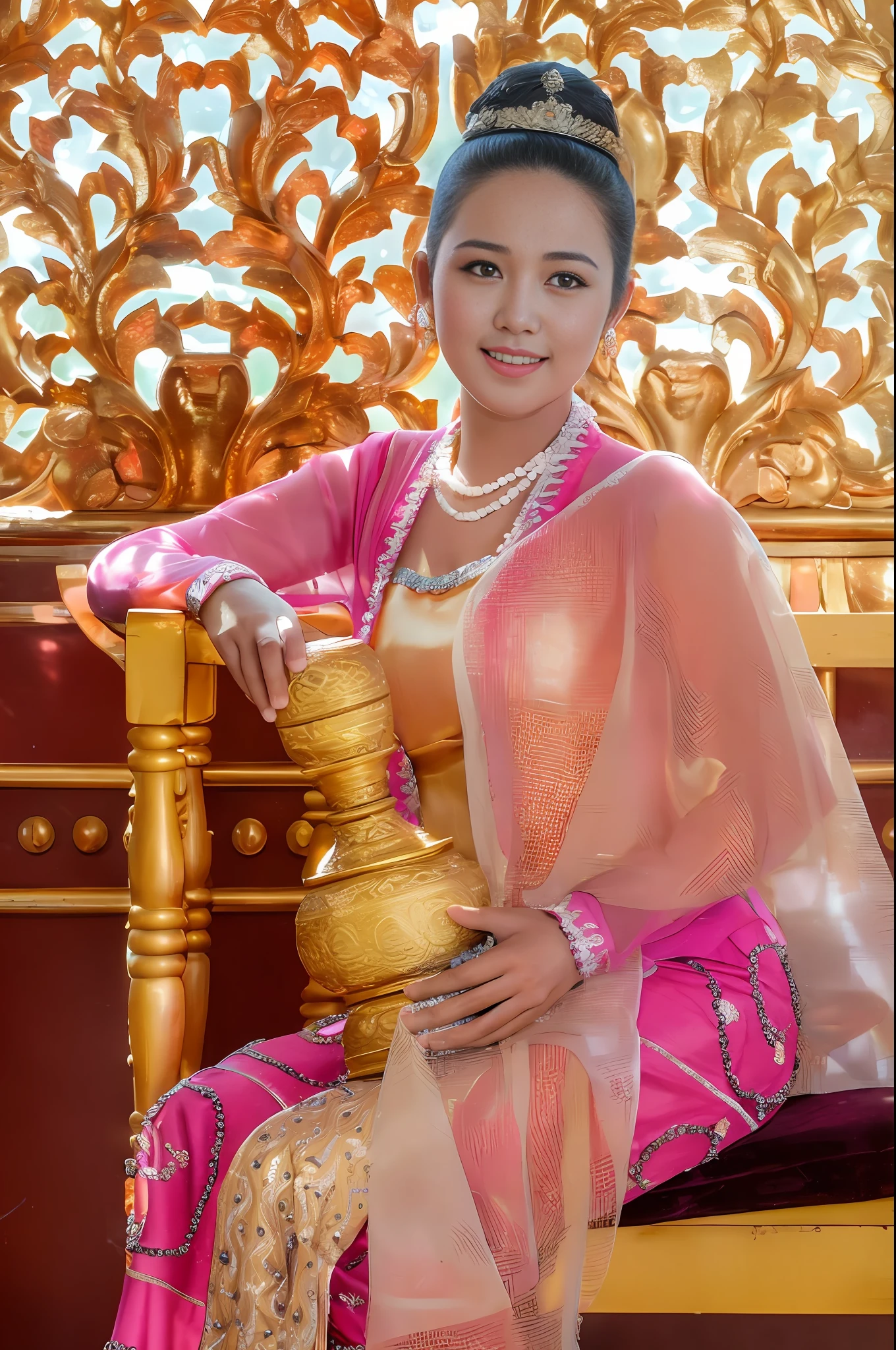 Beautiful young woman in a pink dress sitting on a gold chair, Myanmar  traditional costume, traditional beauty, in style of Myanmar, photo taken with nikon d750, photo taken with nikon d 7 5 0, traditional dress, seated in royal ease, portrait image, wearing ornate silk clothes, 8k quality, detail in face, detail eyes.