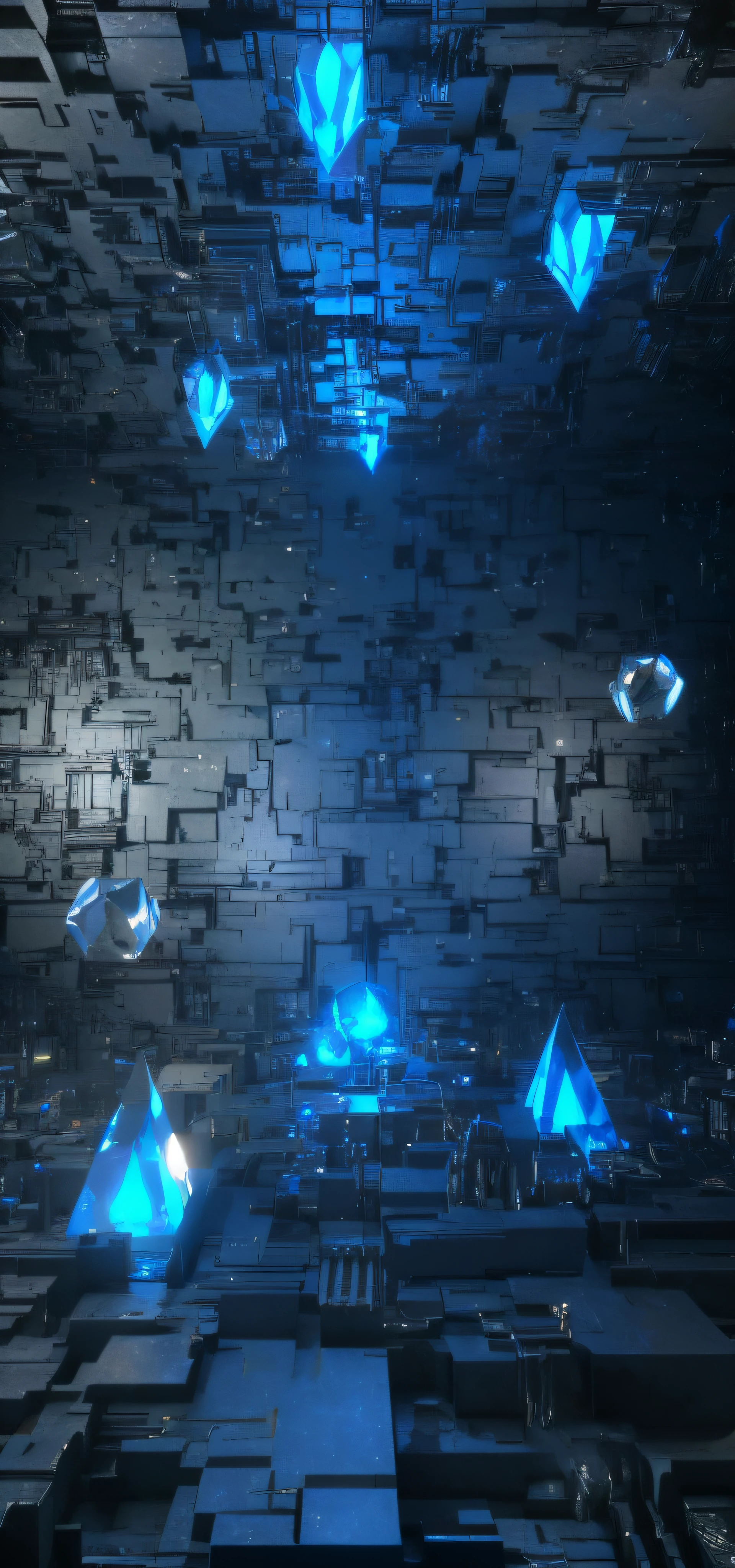 there are many blue lights that are shining in a room, background of digital greebles, dark sci - fi background, floating crystals, futuristic background, 8 k 3 d render ray traceing, cycles render 4k, caustics lighting from above, 8k hd wallpaperjpeg artifact, 8 k hd wallpaperjpeg artifact, cycles4d render, scifi background --auto --s2