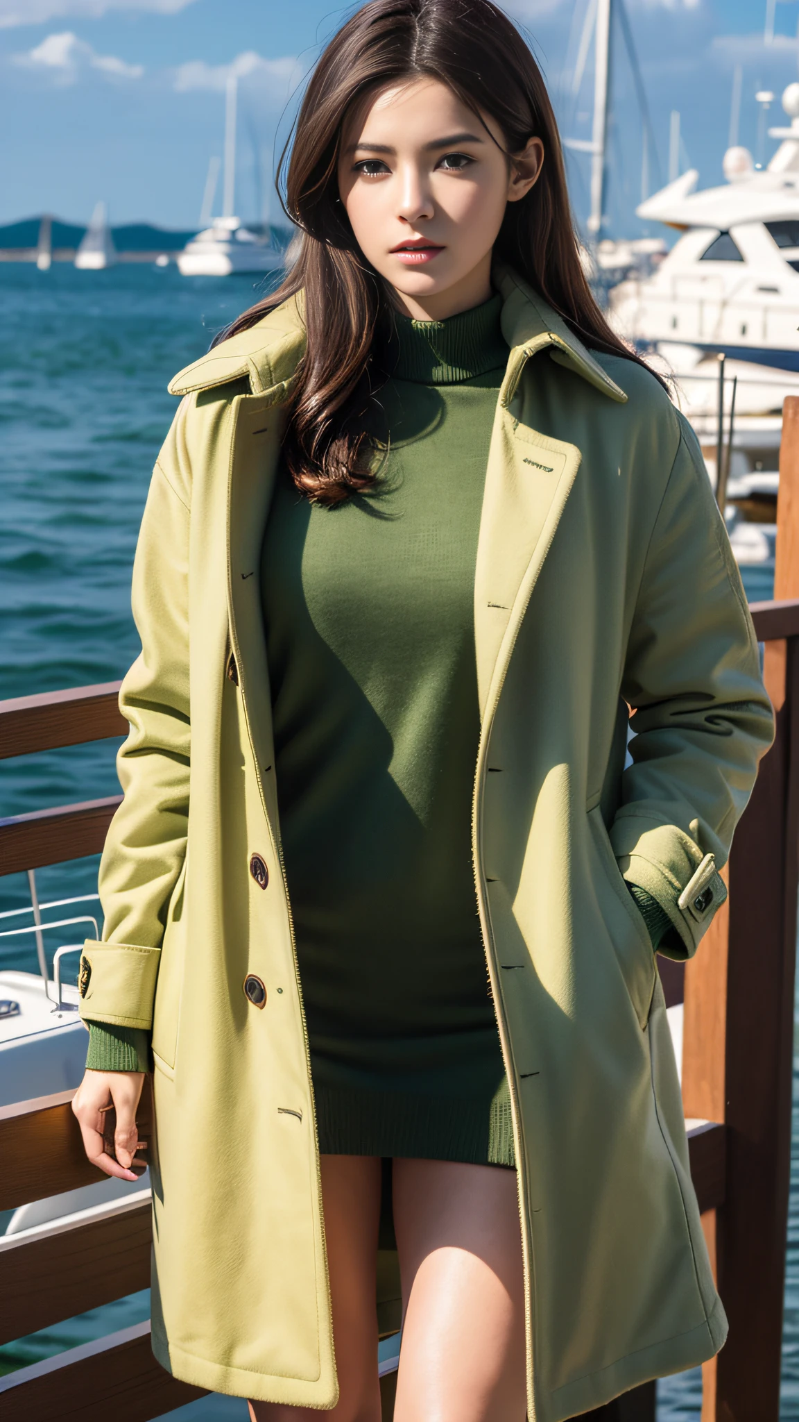 Top quality, masterpiece, ultra high resolution, (photorealistic: 1.4), raw photo, 1 girl, brown dark hair, yacht harbor, dramatic lighting, full body,, cotton green coat, big