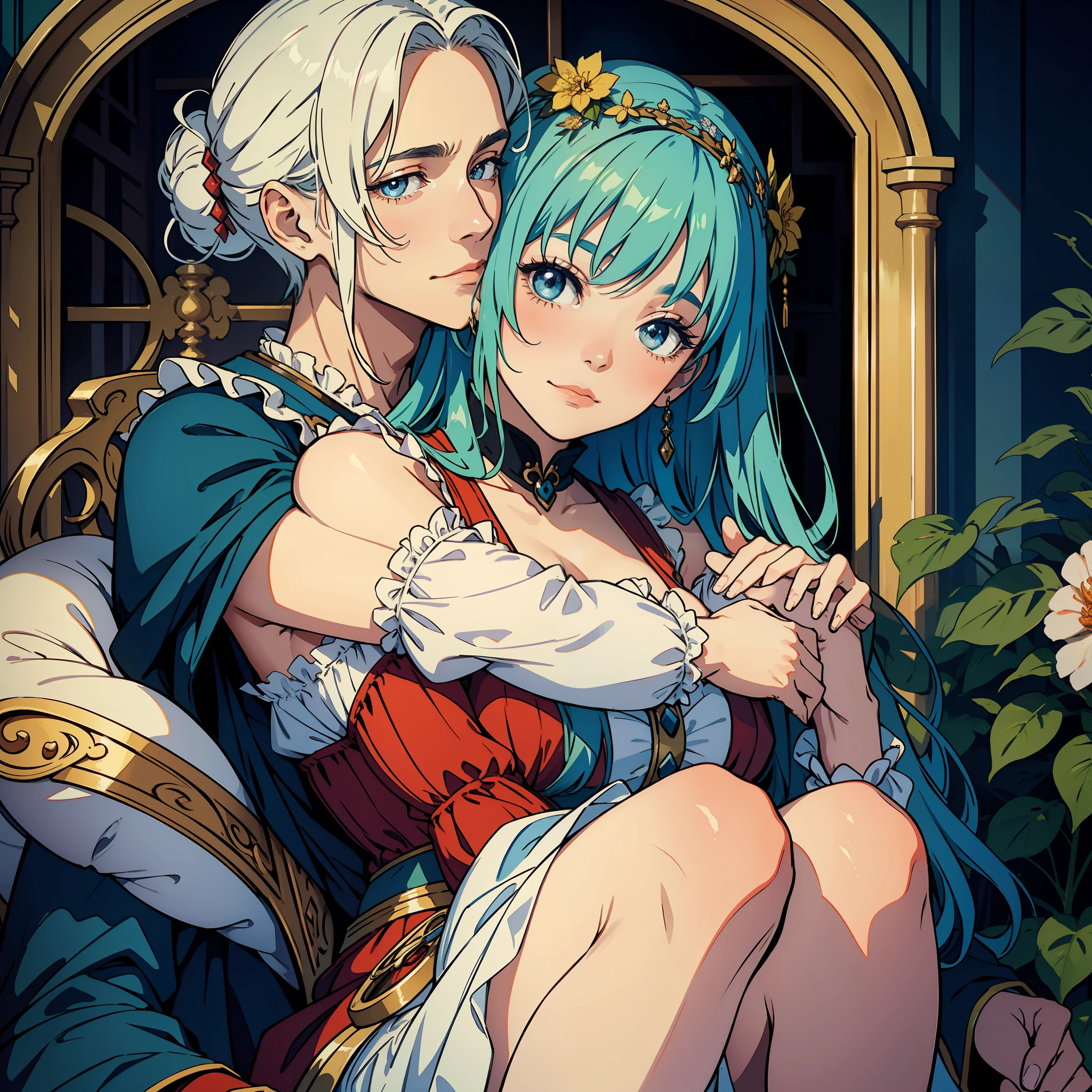 An eccentric maiden lies in the arms of a man, looking sweet and warm