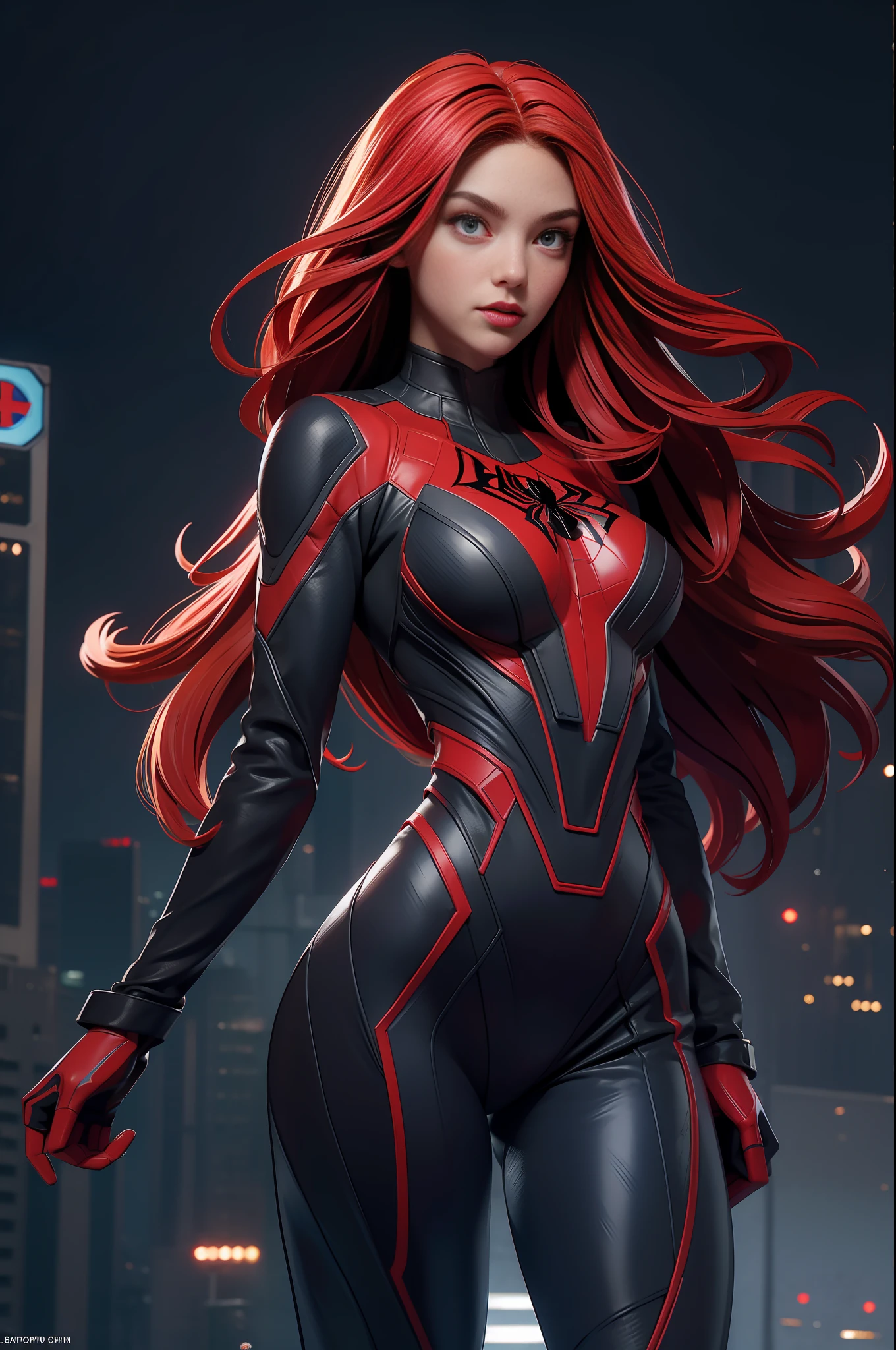 (1girl:1.3), solo, __body-parts__, official art, unified 8k wallpaper, super detailed, beautiful and aesthetic, beautiful, masterpiece, best quality, raw, masterpiece, super fine photo, best quality, super high resolution, photorealistic realism, sunlight, full body portrait, amazing beauty,, dynamic pose, delicate face, vibrant eyes, (from the front), she is wearing a Spider-man suit, red and black color scheme, spider, very detailed abandoned warehouse background, Detailed face, detailed complex busy background, messy, gorgeous, milky white, highly detailed skin, realistic skin details, visible pores, sharp focus, volumetric fog, 8k uhd, DSLR, high quality, film grain, fair skin, photo realism, lomography, huge metropolis in future dystopia, seen from below, translucent