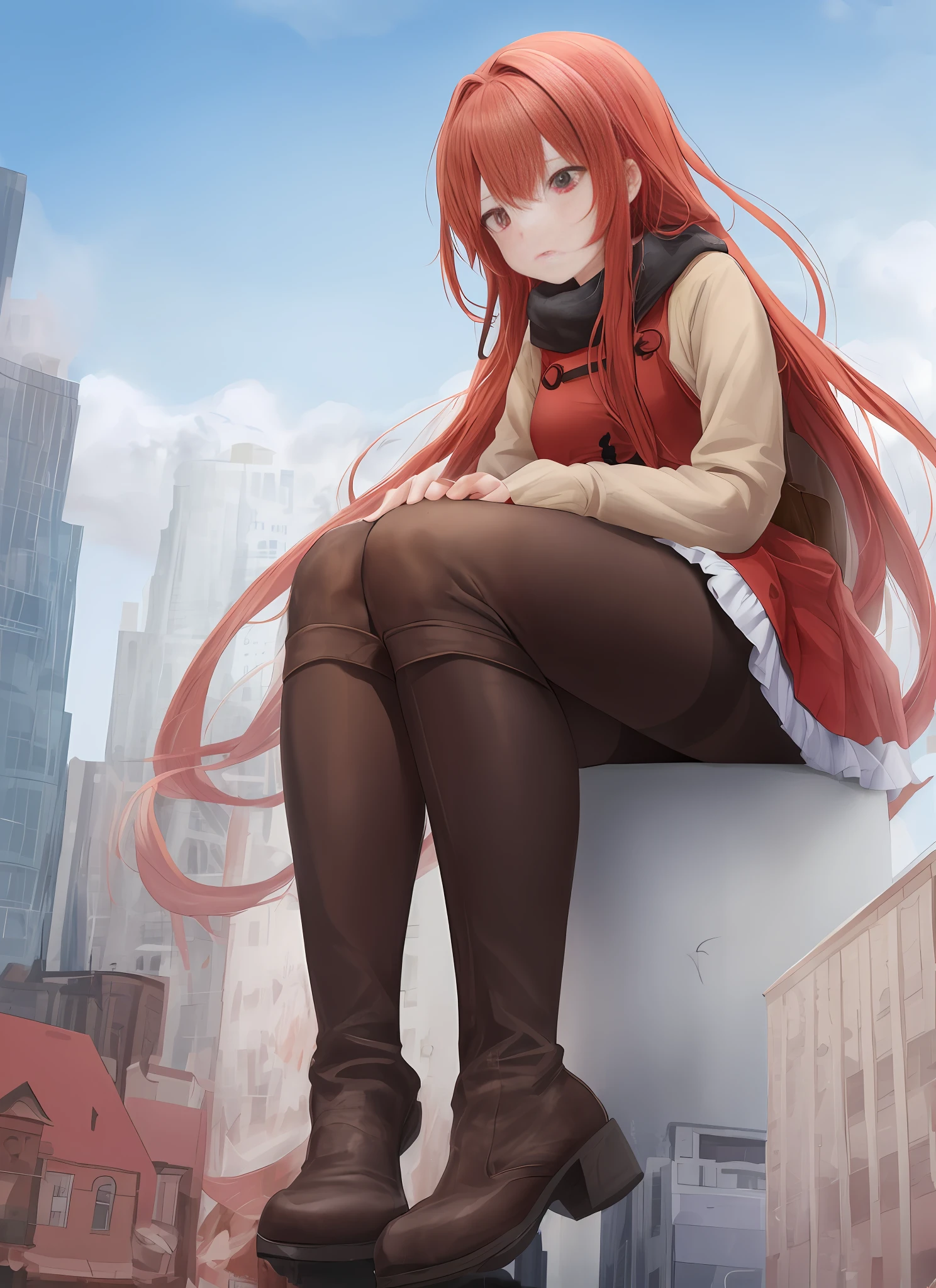 Anime girl squat, beautiful anime girl, red hair and red eyes, winter, snow, anime girl long hair, cute girl with anime vision, looking down at the miniature crowd under her feet, sitting on the roof, winter clothes, black pantyhose, giantess, city background, sitting on a building, from below, brown riding boots, red tunic, from below, looking up from the point of view