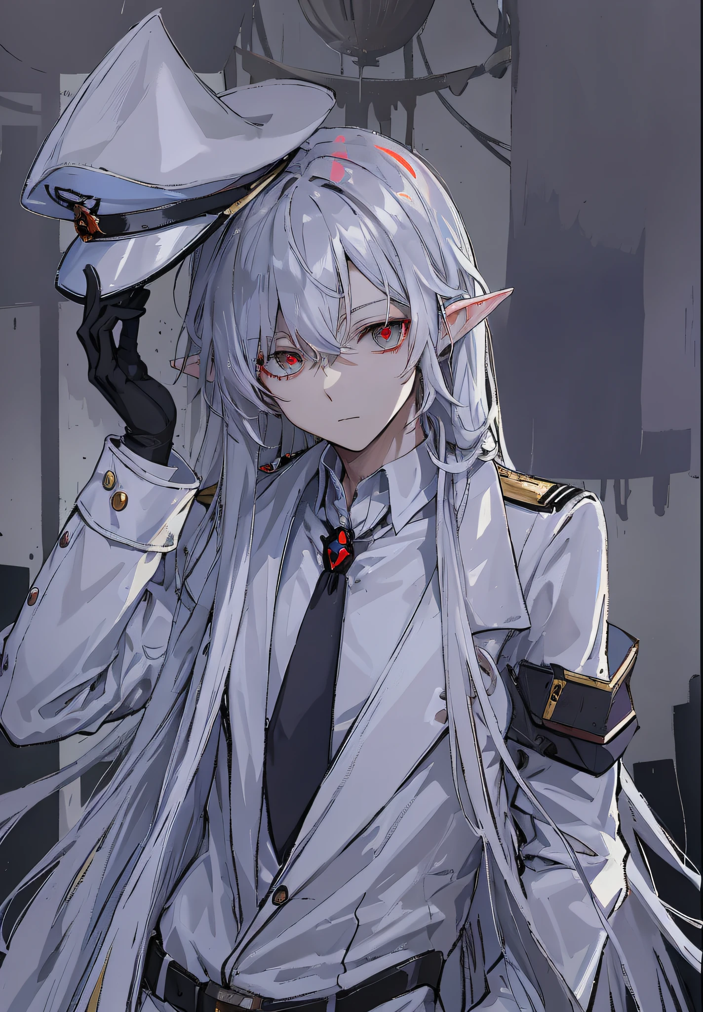 Anime characters with white hair and black gloves holding hats, from Ark Night, from Girl Front, Kantai Collection Style, Zero Zen Art, White Hair God, Red Glowing Eyes, Boys Front Style, Azure Lane Style, Pop on ArtStation Pixiv, Zerochan, Two-tailed white_gloves, Portrait gapmoe Yandere Grim, Gray Hair, Teen, Youth, Man,