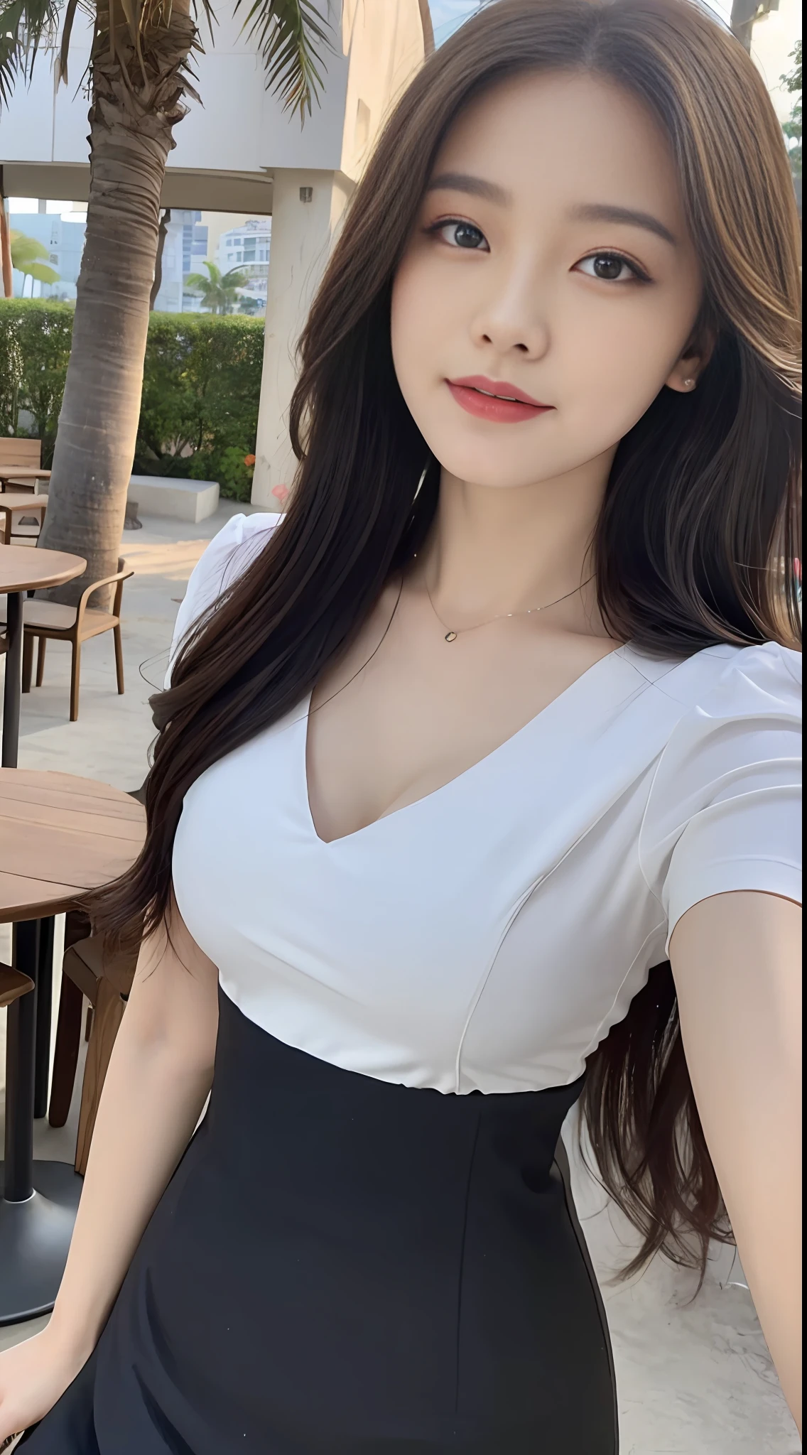 ((Best Quality, 8K, Masterpiece: 1.3)), Focus: 1.2, Perfect Body Beauty: 1.4, Buttocks: 1.2, (Layered Haircut: 1.2)), (Dark Street: 1.3), Highly Detailed Face and Skin Texture, Fine Eyes, Double Eyelids, Whitened Skin, Long Hair, (Round Face: 1.5), (Shirt, Pencil Dress: 1.6) Outdoor, Lovers Island Resort, Cafe