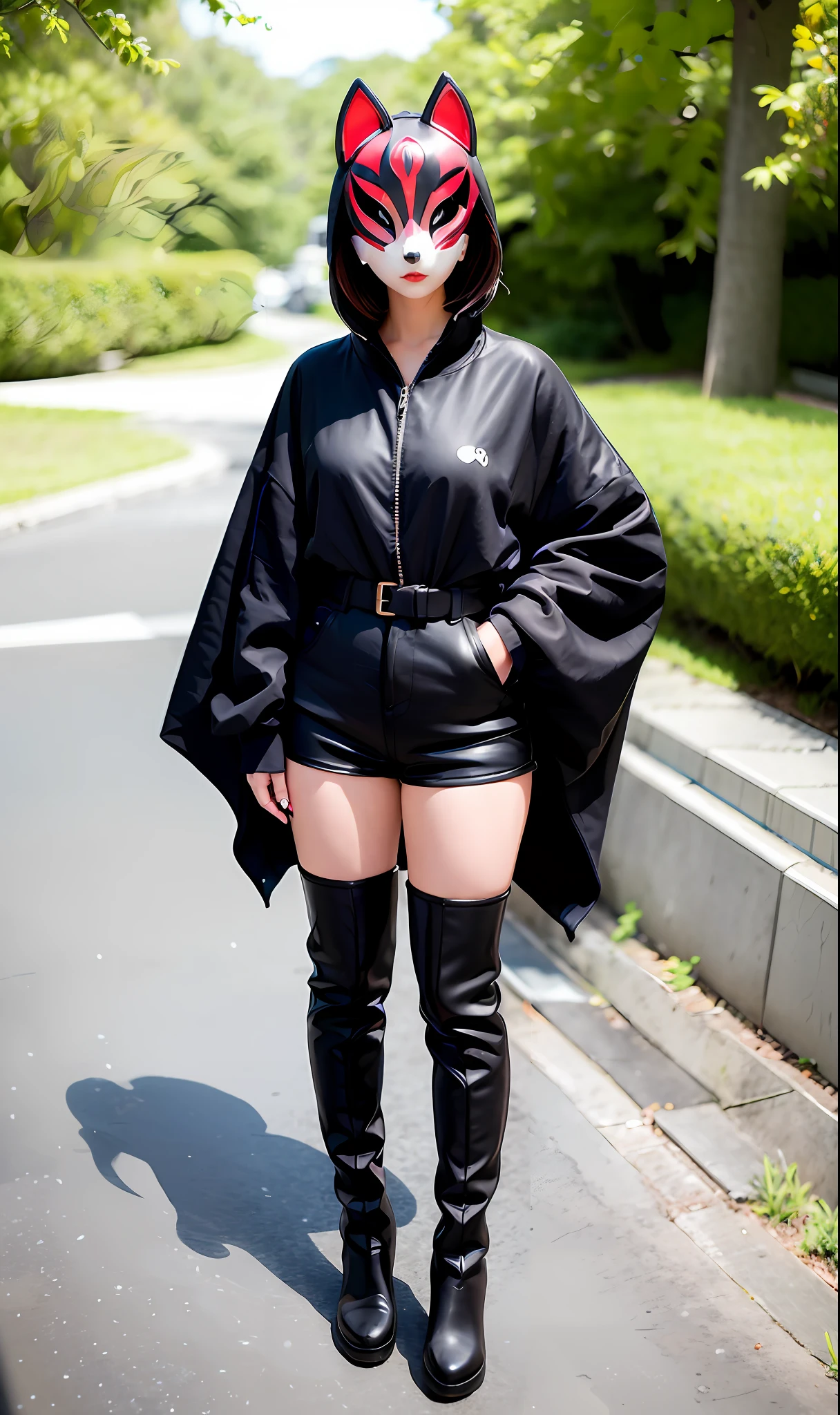 Fox mask Person wearing fox mask on face, woman, jet black, shorts, knee-high boots, poncho, Japanese style