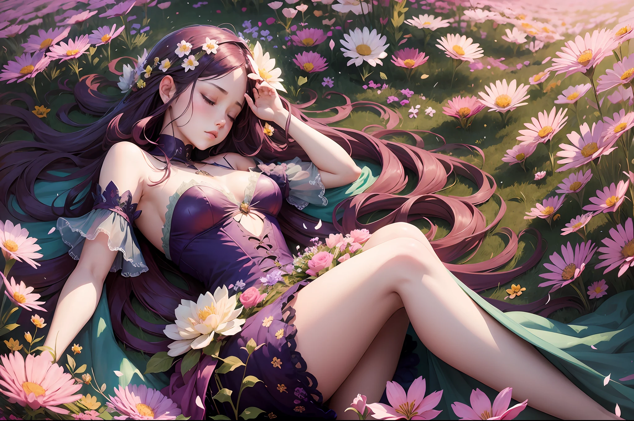 arafed woman laying in a field of flowers with her eyes closed, flowers covering eyes, dreamy aesthetic, with closed eyes, aesthetic portrait, guweiz, fairycore, artwork in the style of guweiz, with flowers, fantasy aesthetic!, fairy aesthetics, asthetic, dreamy and ethereal, anime aesthetic, 🌺 cgsociety, fantasy aesthetic, ethereal fairytale --auto --s2