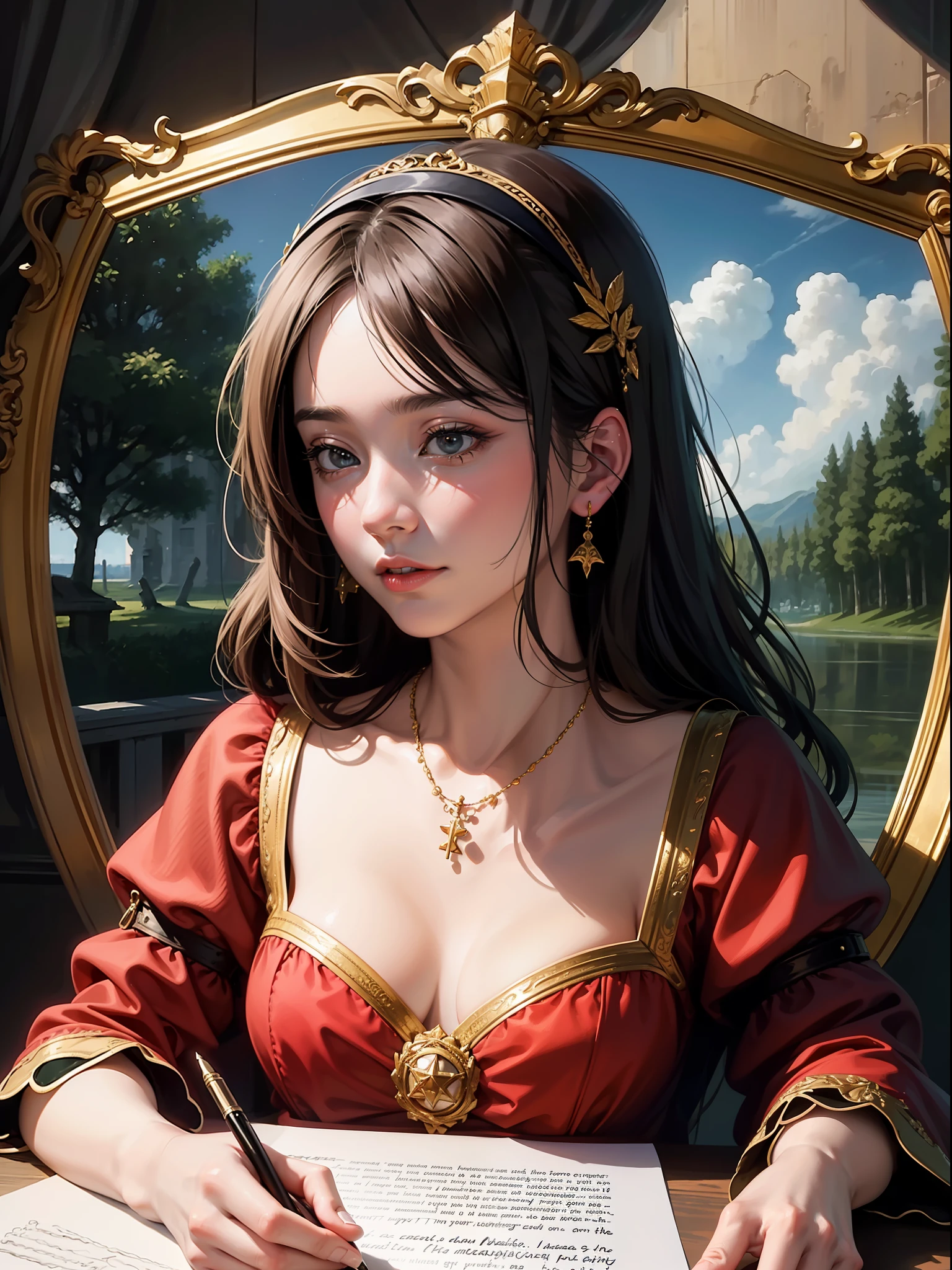 masterpiece, hyperphotorealistic, renaissance style, pondering while writing a letter, super super big, super detail, high resolution