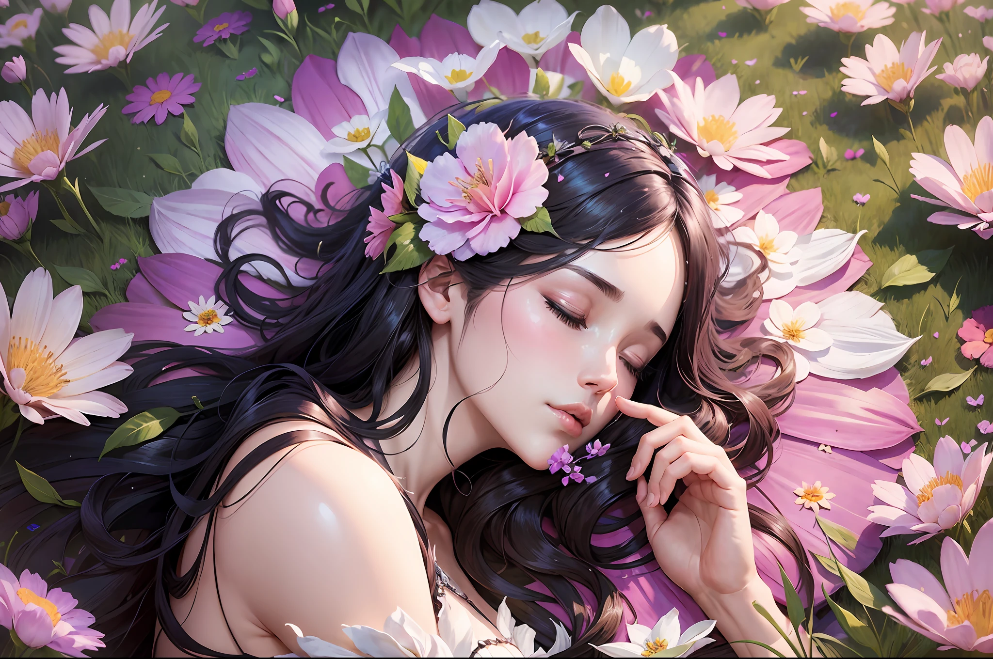 arafed woman laying in a field of flowers with her eyes closed, flowers covering eyes, dreamy aesthetic, with closed eyes, aesthetic portrait, guweiz, fairycore, artwork in the style of guweiz, with flowers, fantasy aesthetic!, fairy aesthetics, asthetic, dreamy and ethereal, anime aesthetic, 🌺 cgsociety, fantasy aesthetic, ethereal fairytale --auto --s2