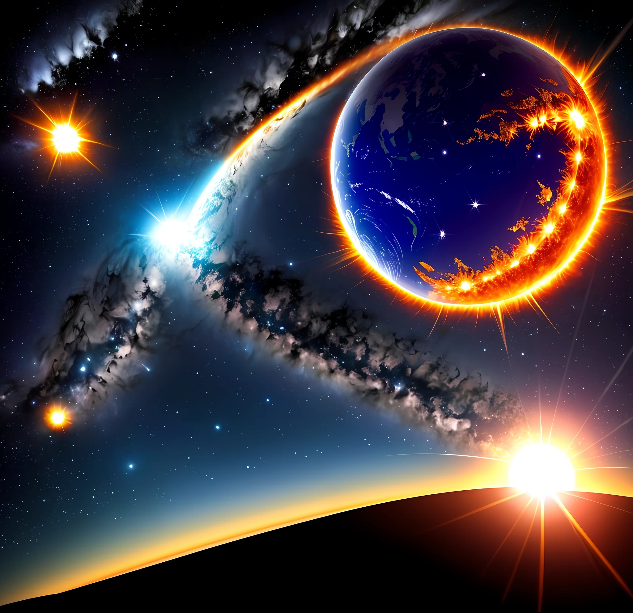 Create a solar flare with the Earth and Moon in the background
