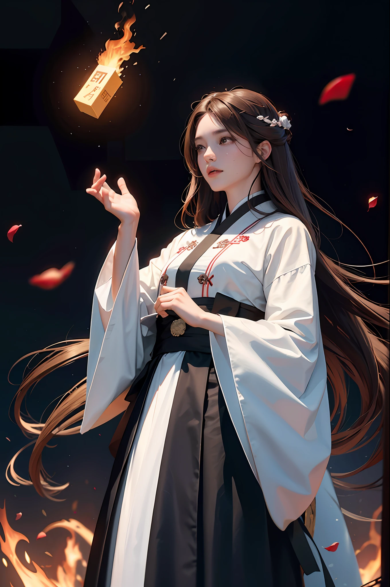 (A woman throws a black box into flames: 2.0), fine details, high resolution, wallpaper, illustrations, long hair, brown hair, shut up, tears, accessories, long sleeves, raised hands, wide sleeves, big eyes, flowing hair, hanfu, hanfu, embroidery, long skirt, falling petals, 16K, HDR, high resolution, depth of field, (film grain: 1.1), pocon, prime time, (lens flare), vignetting, rainbow, (color grading: 1.5) excellent, masterpiece, high resolution, (exquisite body: 1.5), Beauty Beauty, (Milky Skin: 1.3),