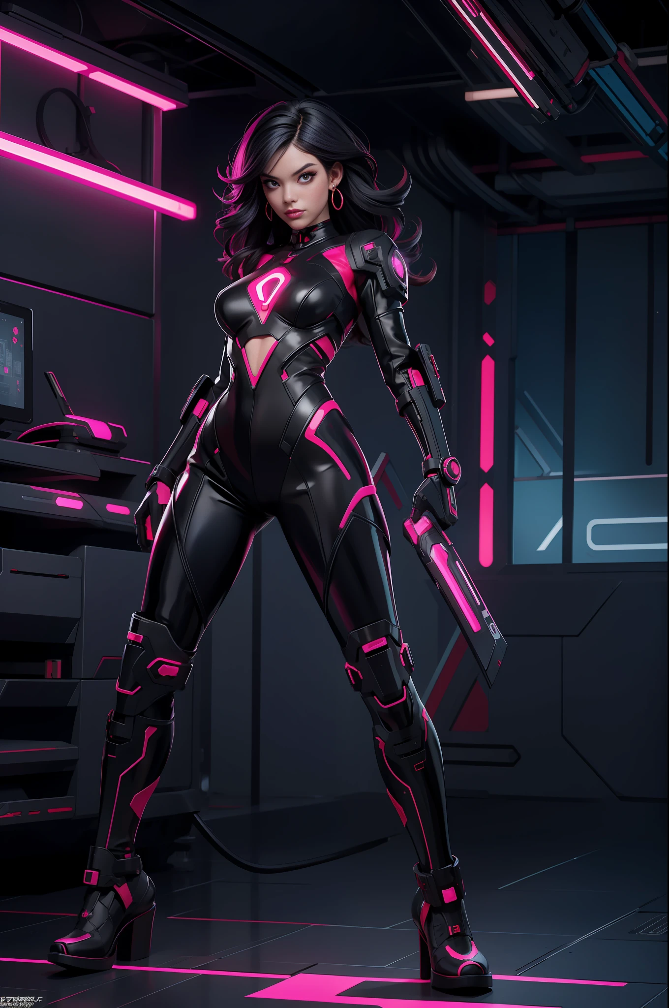 solo, super fine photo, full body portrait Unreal Engine 5 8K UHD of beautiful and aesthetic girl, gorgeous, black short wavy hair, red and black color scheme tight cybernetic latex catsuit, cyberpunk assassin, cybernetic half face mask, earrings, latex body straps, cybernetic long heel, cybernetic long glove, arm cuffs and leg cuffs, cyberpunk world, futuristic design, magenta neon lights details, beautiful make up, best quality, masterpiece, official art, unified 8k wallpaper, super detailed, sharp focus