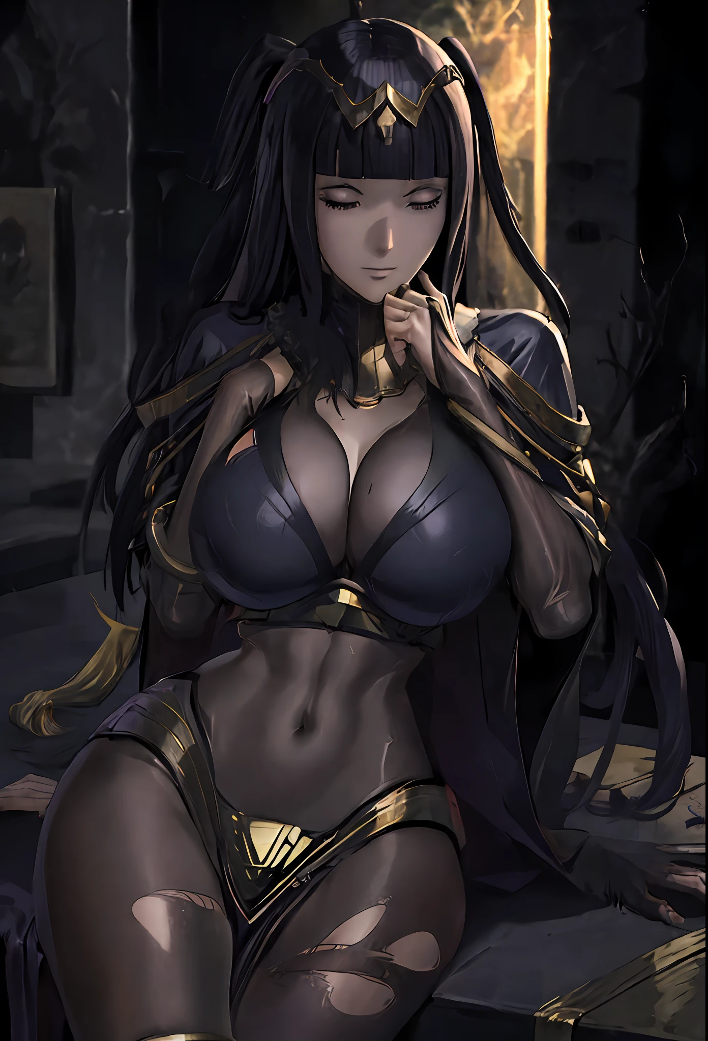 ((masterpiece:1.2)), best quality, ((extreme detail)),(ultra-detailed), anime screencap, extremely, detailed, CG, 3d, unity, 8k, wallpaper, blunt bangs, hime cut, tharja, tharja(fire emblem), black hair, long hair, looking at viewer, (large breasts), gold loincloth, gold-lined bodystocking, gold hairband, gold collar, holding book, ((torn clothes)), lying, hand to own chin, looking at viewer, ((dark aura)), (dark energy), (black magic), evil smile, wide hips, (((official art))), (half closed eyes), (full body view), ((large breasts)),